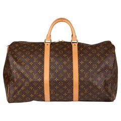 LOUIS VUITTON Brown Monogram Coated Canvas & Vachetta Leather Used Keepall 50