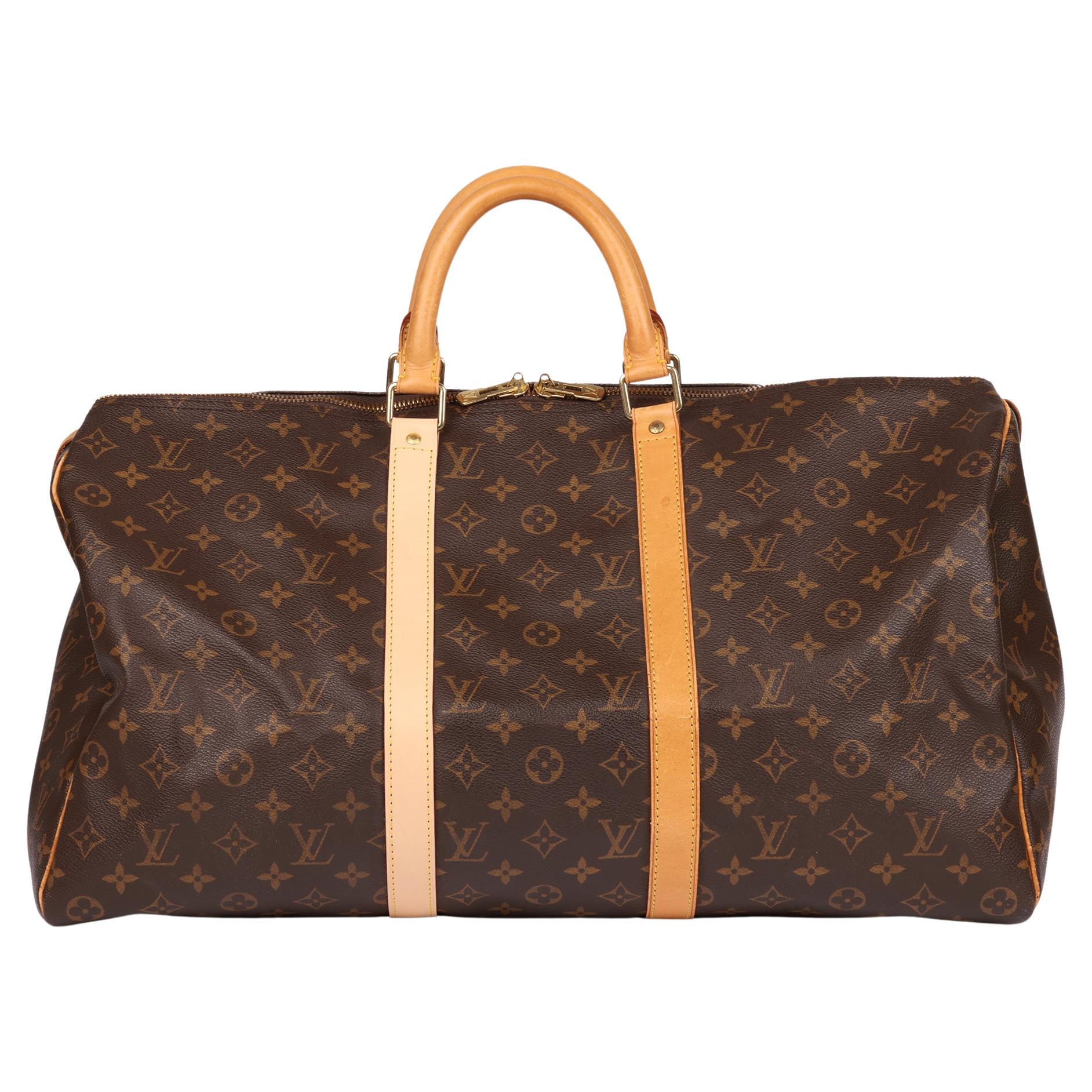 Louis Vuitton Brown Monogram Coated Canvas & Vachetta Leather Vintage Keepall 50 im Angebot