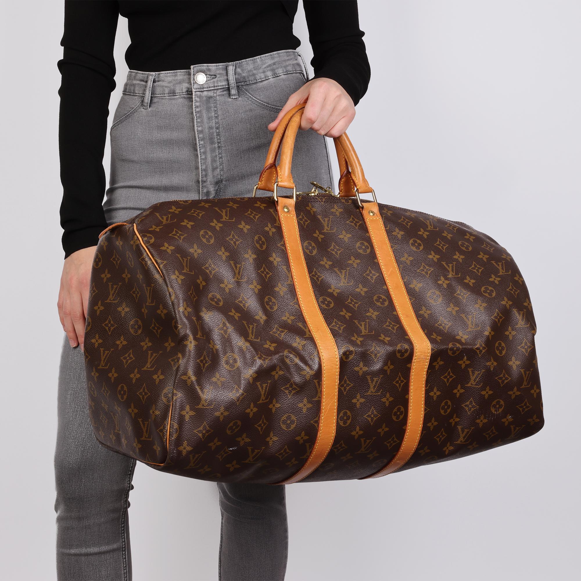 LOUIS VUITTON Brown Monogram Coated Canvas & Vachetta Leather Vintage Keepall 55 For Sale 8