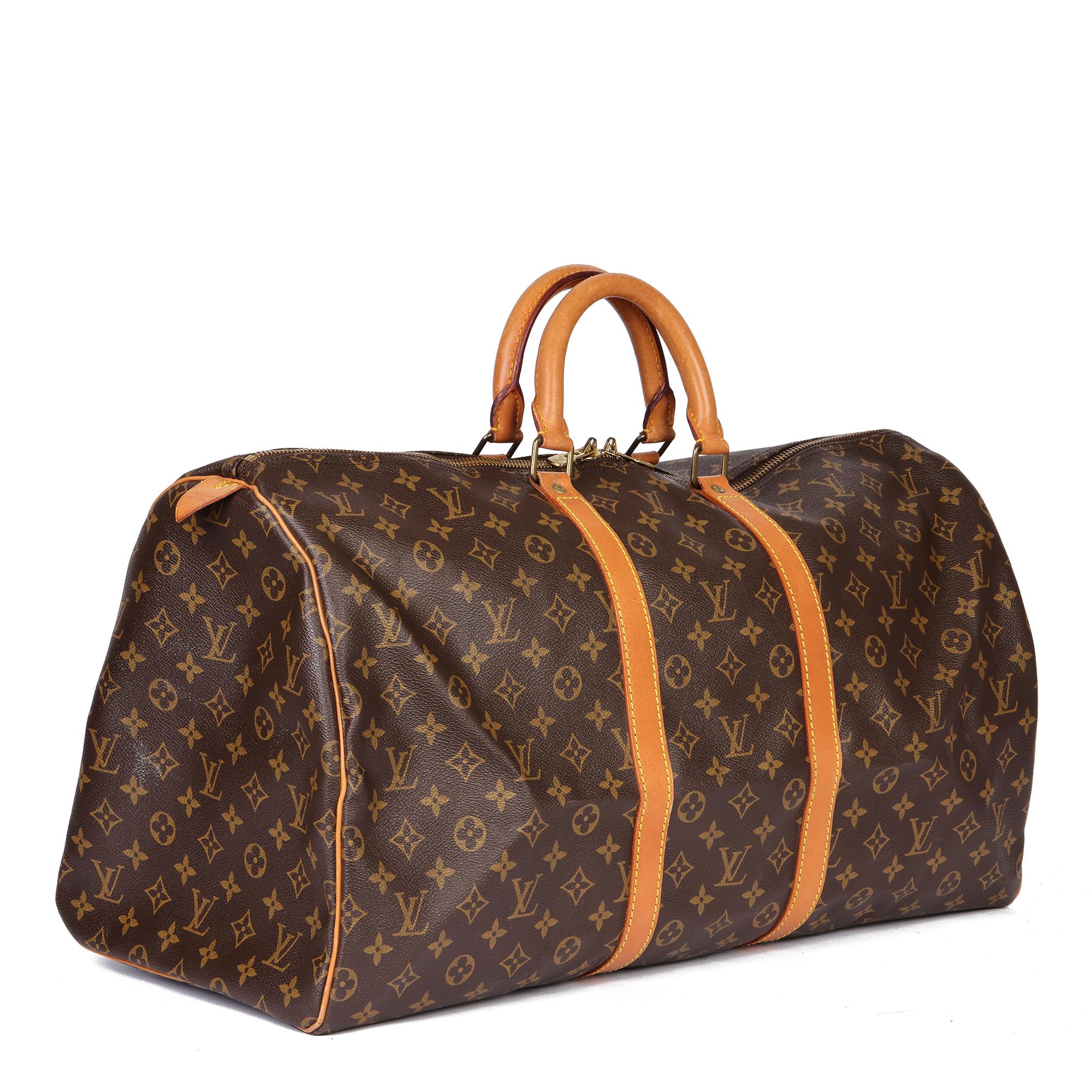 LOUIS VUITTON
Brown Monogram Coated Canvas & Vachetta Leather Vintage Keepall 55

Serial Number: MI874
Age (Circa): 1984
Authenticity Details: Date Stamp (Made in France)
Gender: Ladies
Type: Travel

Colour: Brown
Hardware: Golden Brass
Material(s):
