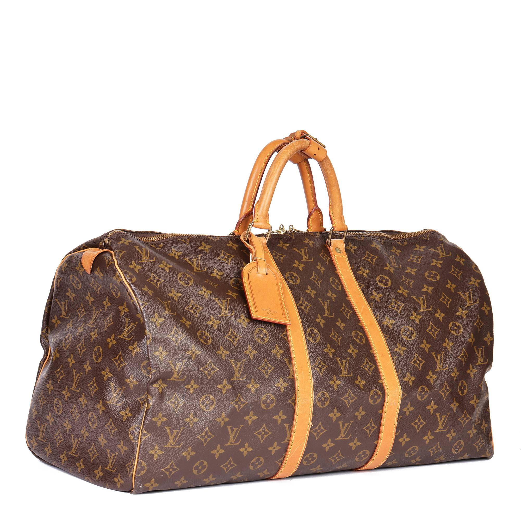 LOUIS VUITTON
Brown Monogram Coated Canvas & Vachetta Leather Vintage Keepall 55

Serial Number: SP0925
Age (Circa): 1995
Accompanied By: Luggage Tag, Handle Keeper
Authenticity Details: Date Stamp (Made in France)
Gender: Ladies
Type: