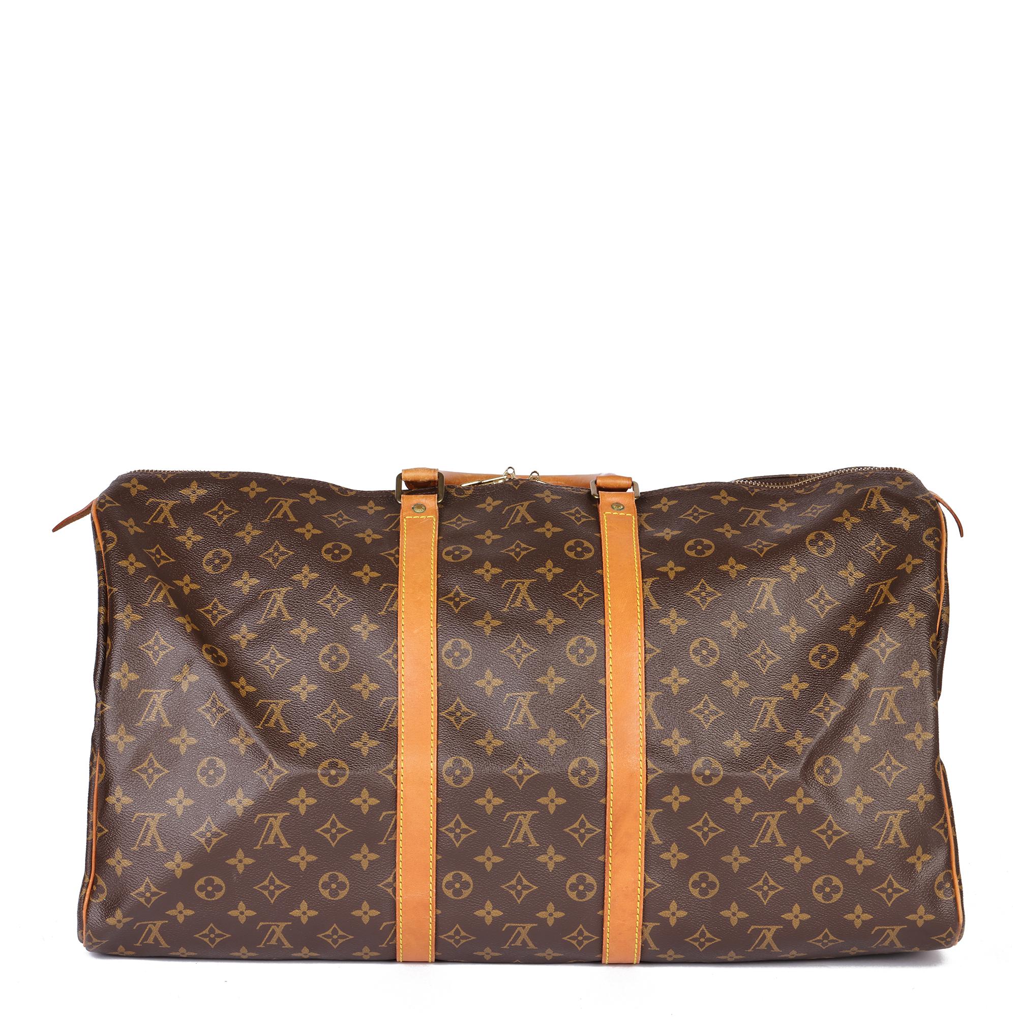 LOUIS VUITTON Brown Monogram Coated Canvas & Vachetta Leather Vintage Keepall 55 For Sale 1