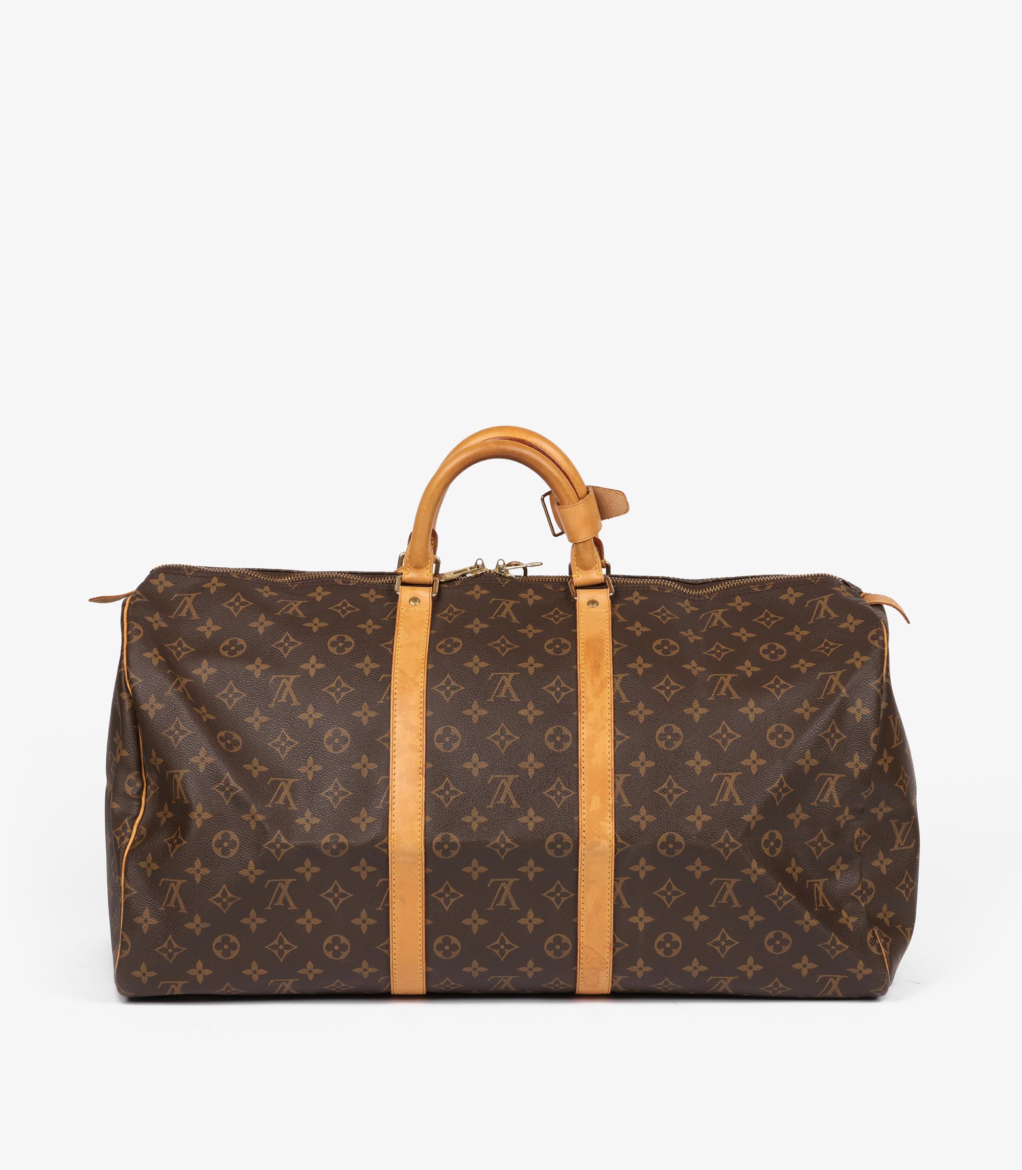 Femenino o masculino Louis Vuitton Brown Monogram Coated Canvas & Vachetta Leather Vintage Keepall 55 en venta