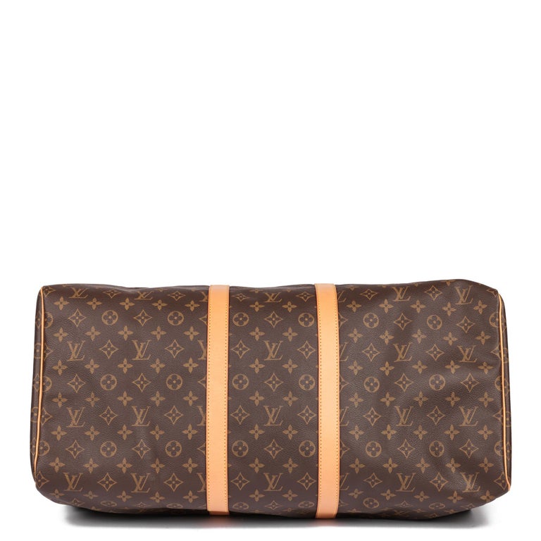 LOUIS VUITTON Brown Monogram Coated Canvas & Vachetta Leather Vintage Keepall 55 For Sale 2