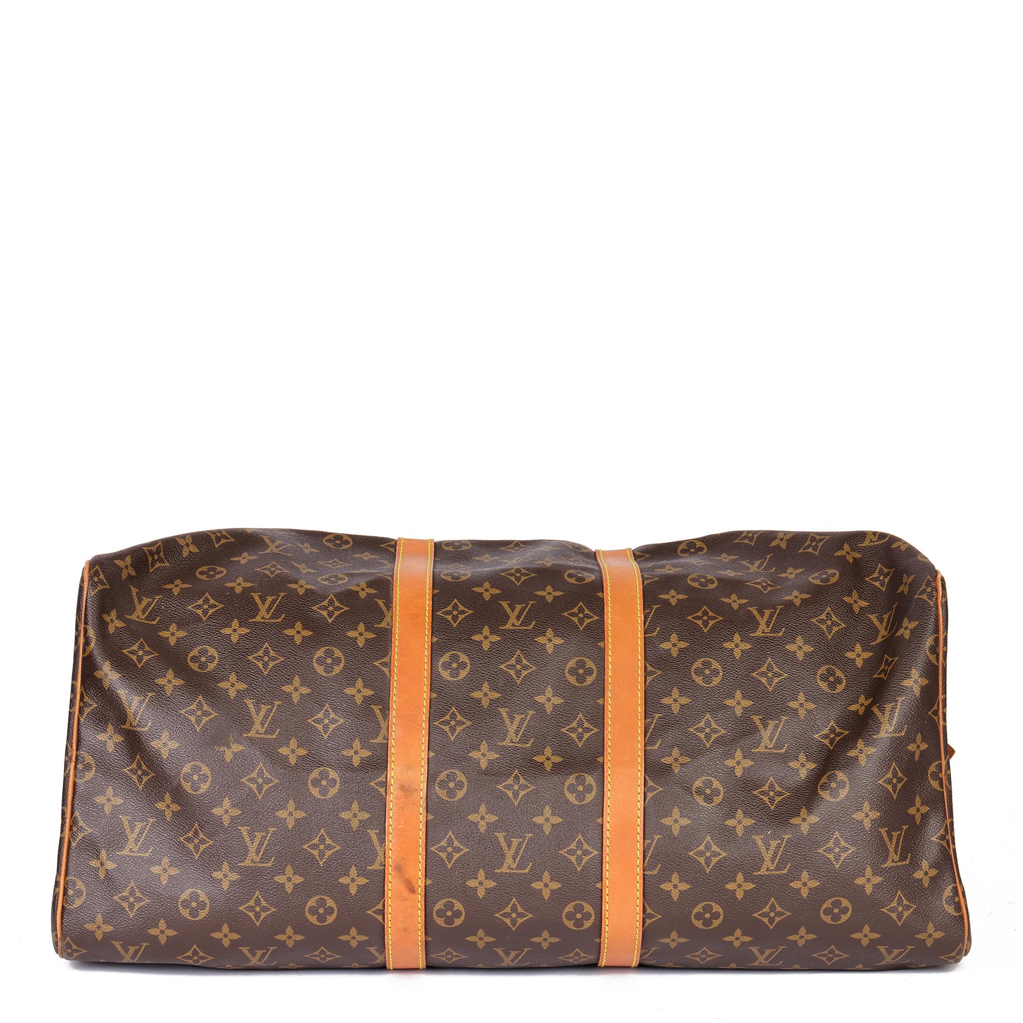 LOUIS VUITTON Brown Monogram Coated Canvas & Vachetta Leather Vintage Keepall 55 For Sale 2