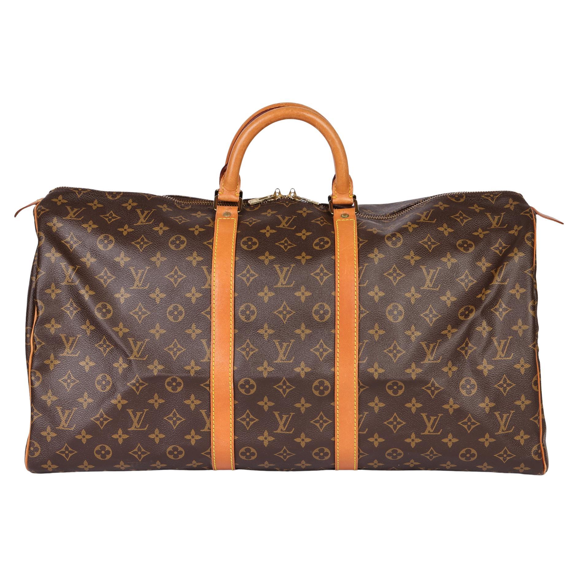 LOUIS VUITTON Brown Monogram Coated Canvas & Vachetta Leather Vintage Keepall 55 For Sale