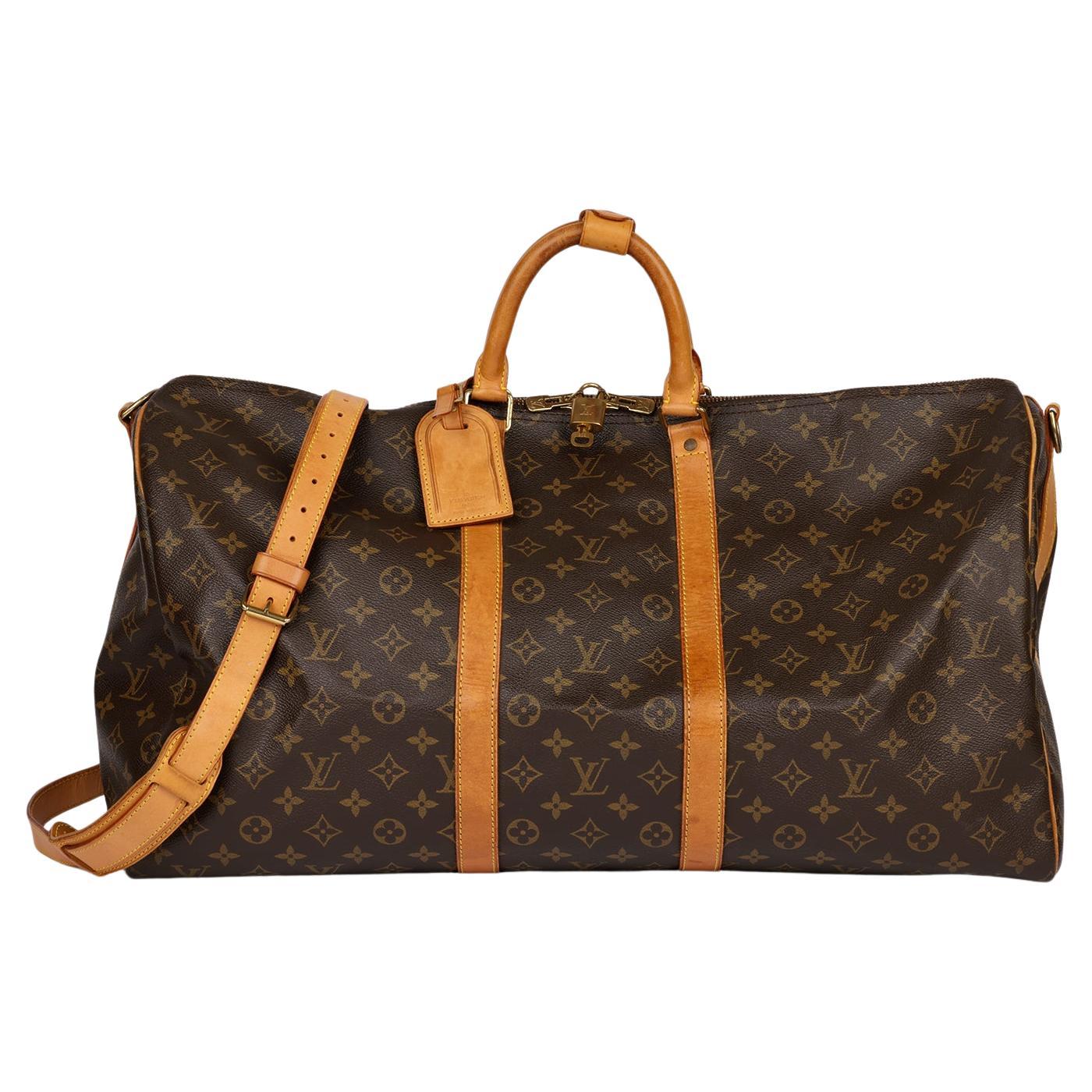Louis Vuitton Brown Monogram Coated Canvas & Vachetta Leather Vintage Keepall 55 For Sale