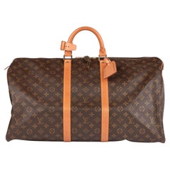 Louis Vuitton Brown Monogramm beschichtetem Segeltuch & Vachetta Leder Vintage Keepall 55