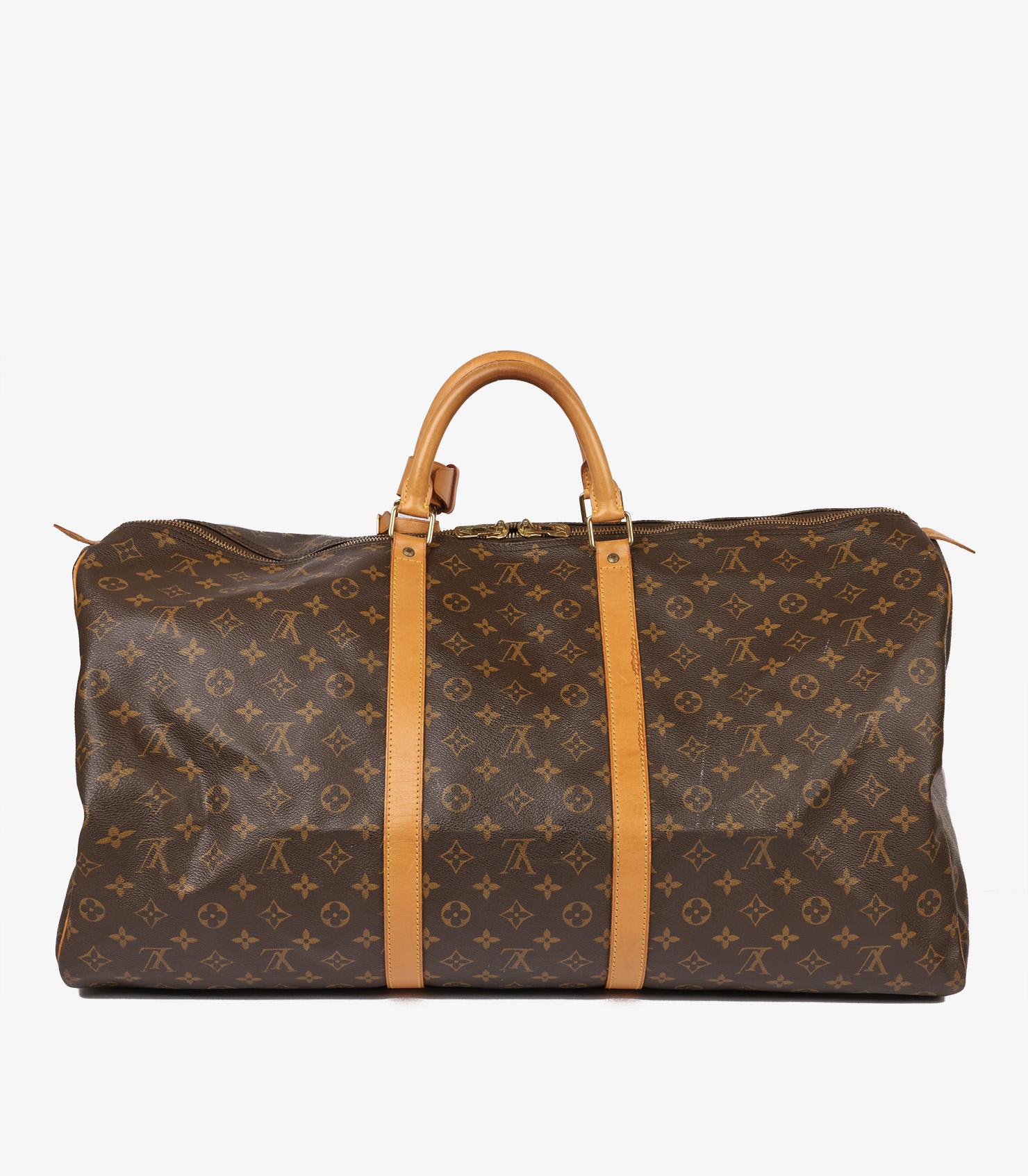 Louis Vuitton Brown Monogram Coated Canvas & Vachetta Leather Vintage Keepall 60 en venta 1