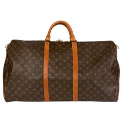 LOUIS VUITTON Brown Monogram Coated Canvas & Vachetta Leather Used Keepall 60