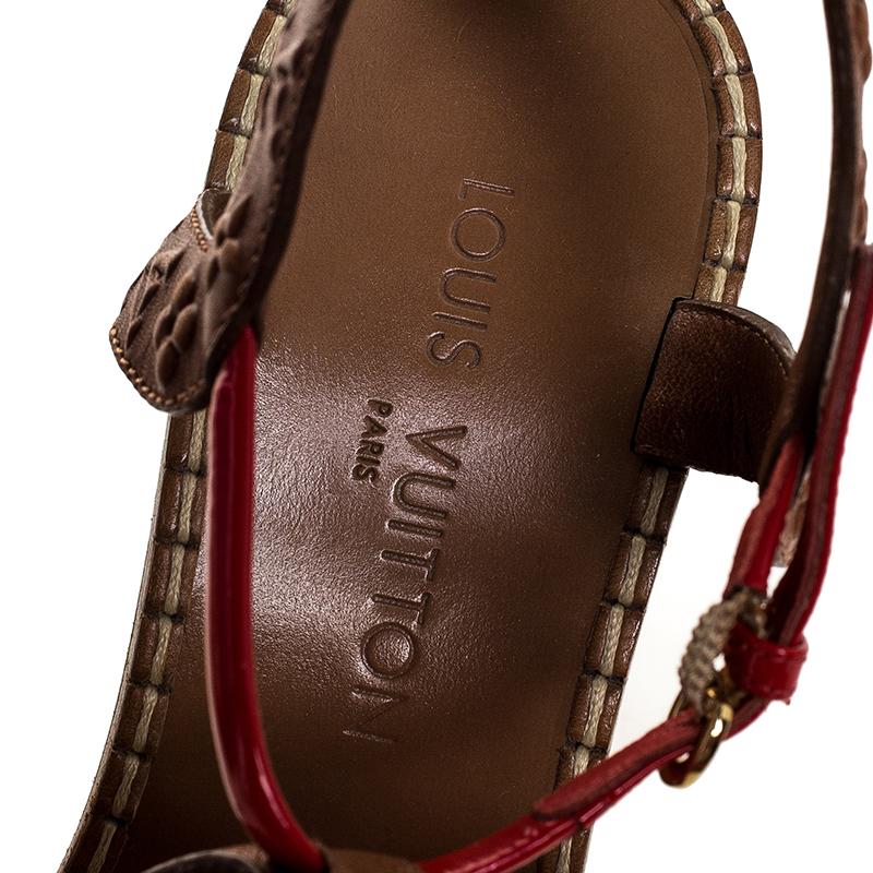 Louis Vuitton Brown Monogram Embossed Leather And Red Wedge Sandals Size 40 In Good Condition In Dubai, Al Qouz 2