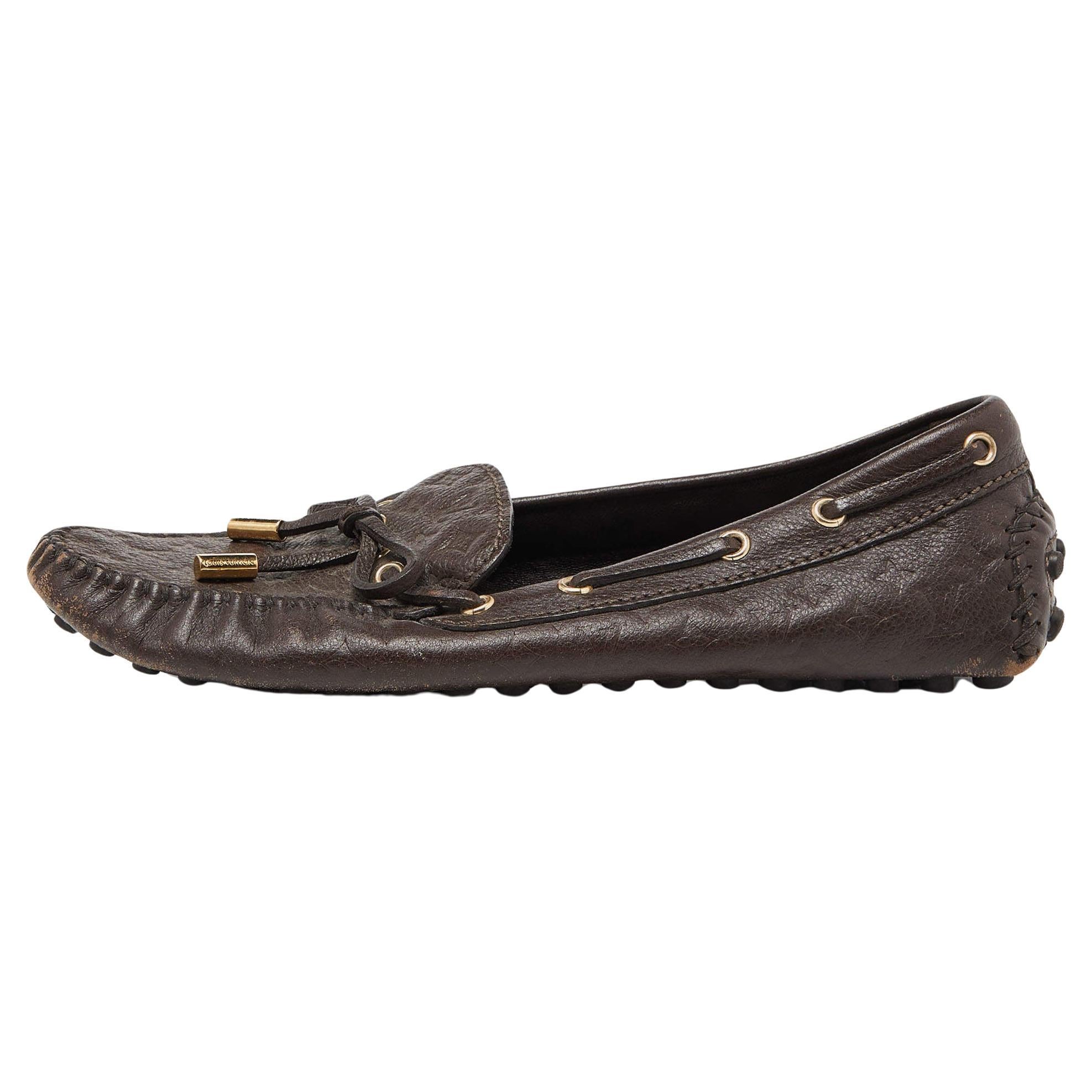 Louis Vuitton Brown Monogram Embossed Leather Gloria Loafers Size 37 For Sale