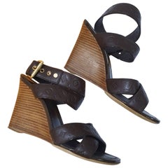 Louis Vuitton Brown Monogram Embossed Leather Kalahari Wedge Sandals Sz.37