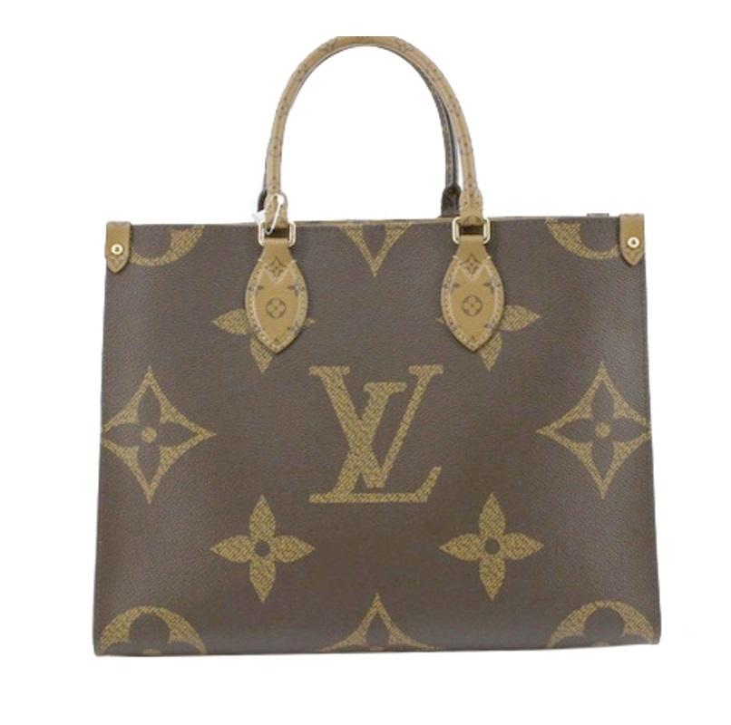 Brown and tan Monogram Giant canvas leather Louis Vuitton OnTheGo MM tote bag with gold-tone hardware, dual rolled handles & dual shoulder straps, red canvas lining & three interior pockets and clasp closure at top.


72685MSC