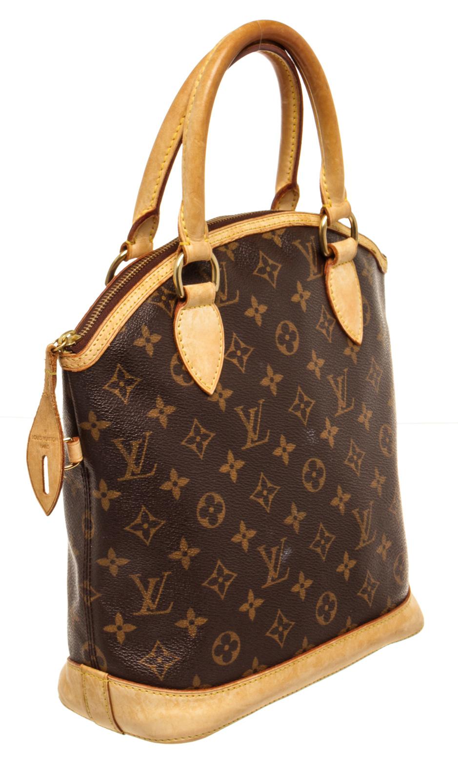 Louis Vuitton Brown Monogram Lockit Vertical Handbag with material monogram canvas, gold-tone hardware, trim tan vachetta leather, interior slip pocket, dual top handle and zipper closure.

440045MSC