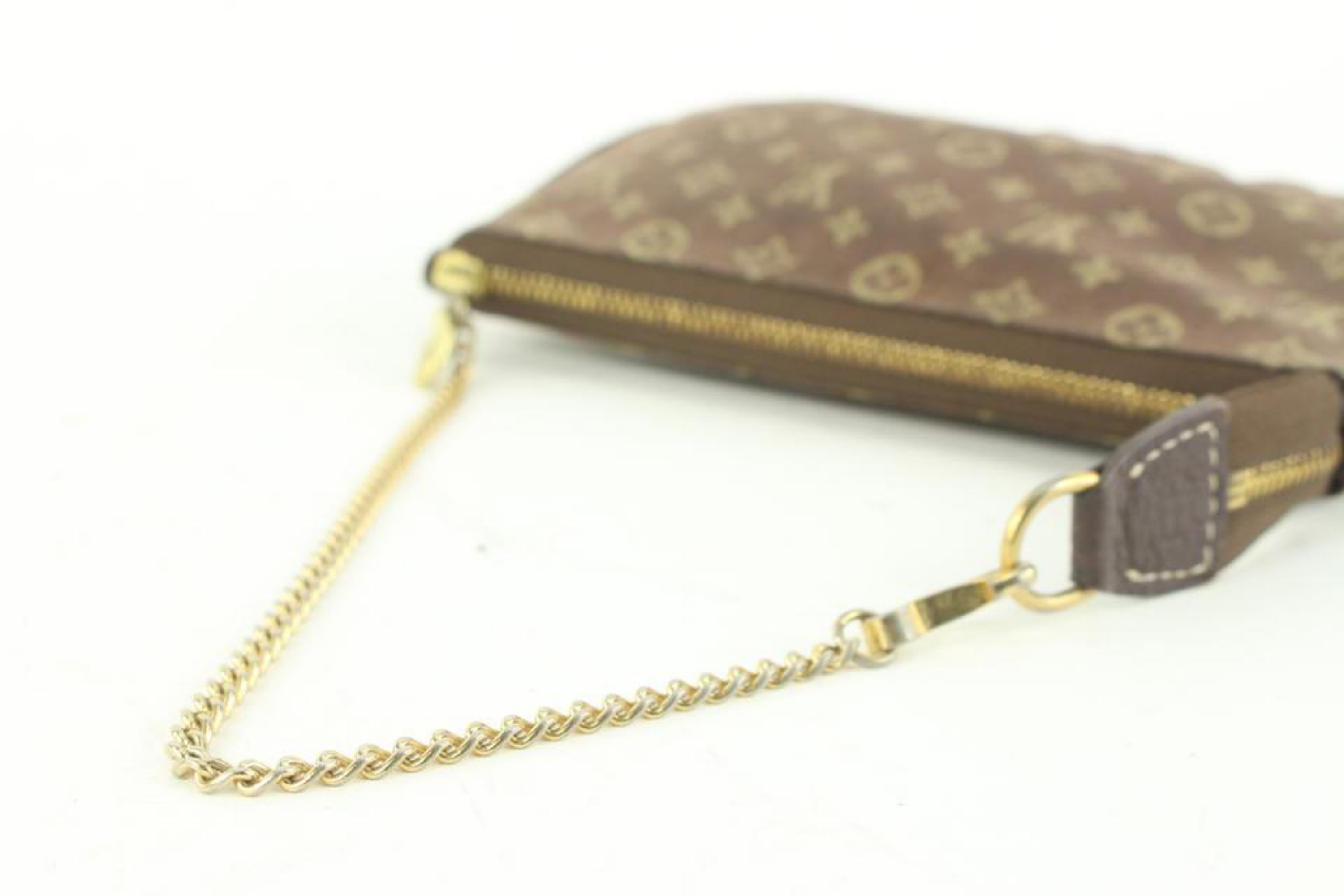Louis Vuitton Brown Monogram Mini Lin Pochette Accessoires with Chain 111LV11 In Good Condition In Dix hills, NY