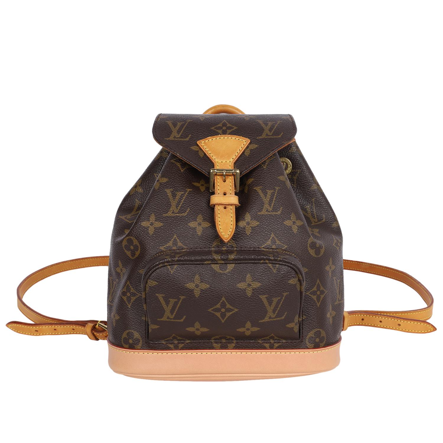 Authentic, pre-loved Louis Vuitton monogram Montsouris backpack Pm. Features monogram canvas with leather trim, front zippered pouch, top string closure with buckle front flap, the interior has a brown textile lining with d ring, adjustable shoulder