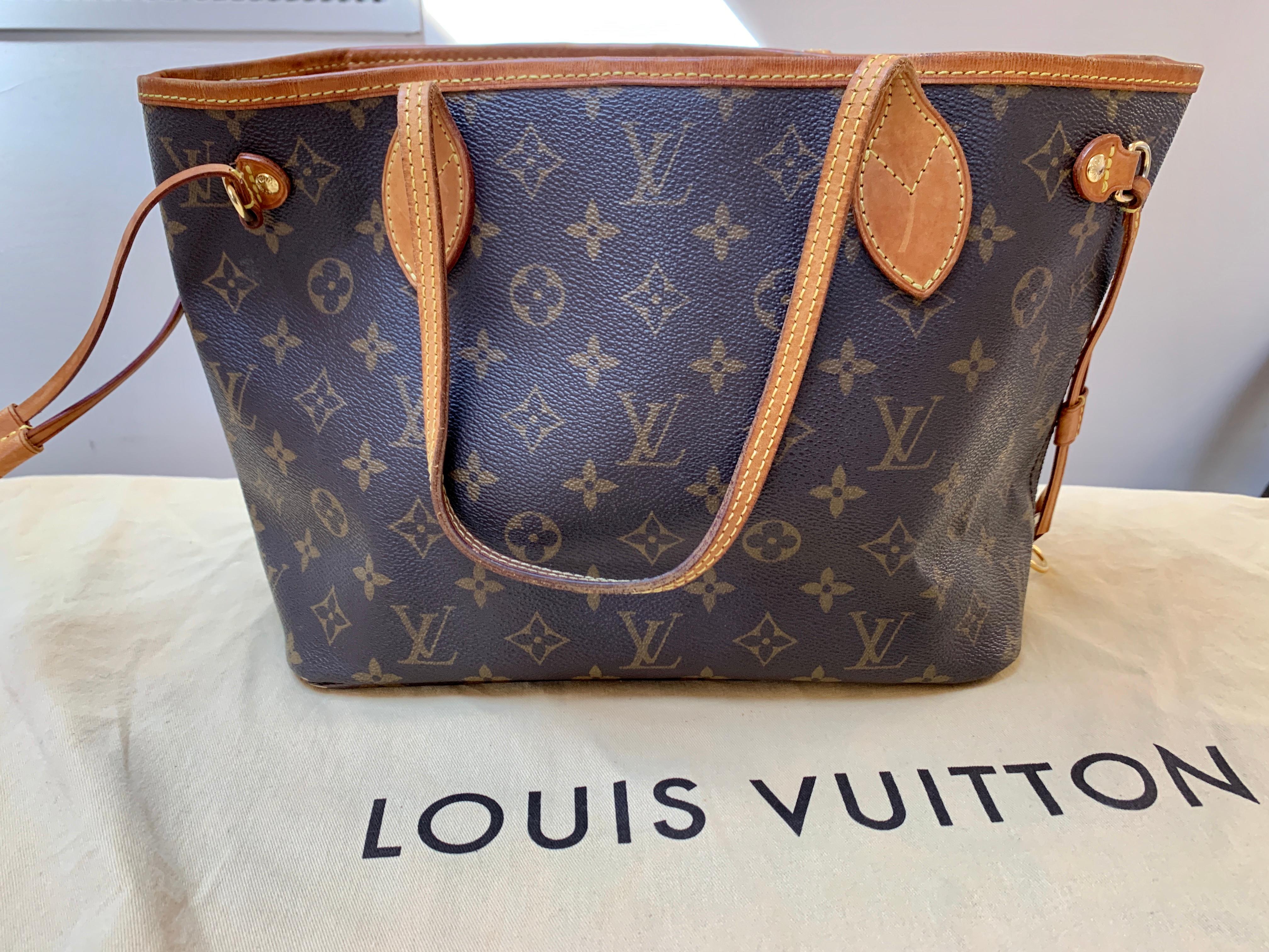 Louis Vuitton Neverfull Pm Monogram Brown  Tote
Brown and tan monogram coated canvas Louis Vuitton Neverfull PM with brass hardware, dual flat shoulder straps, tan Vachetta leather trim, drawstring accents at sides, tonal striped canvas lining,