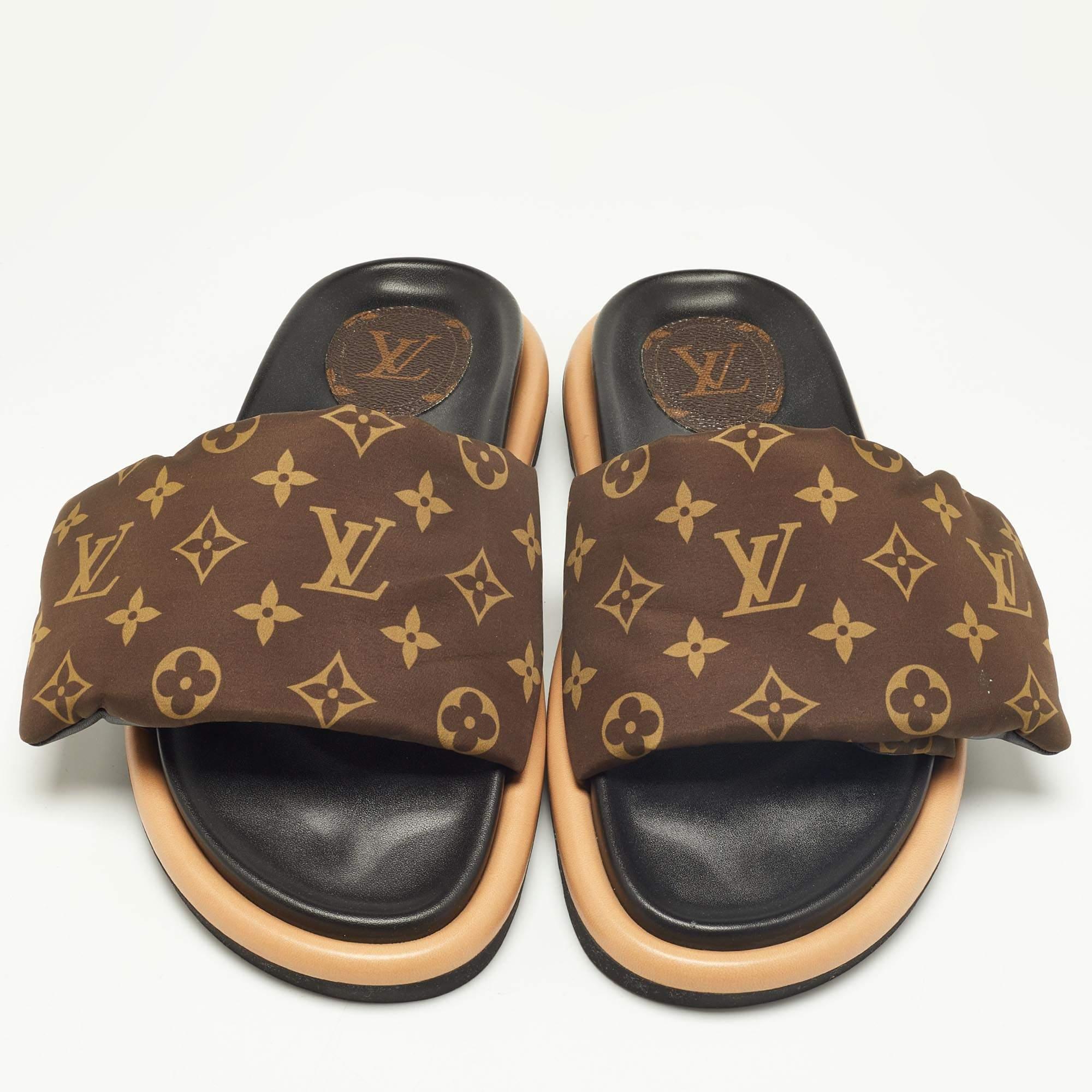 Black Louis Vuitton Brown Monogram Nylon Pool Pillow Comfort Flat Slides Size 39