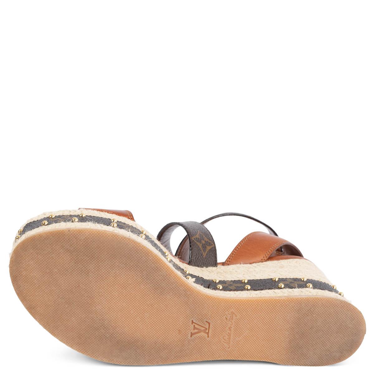 LOUIS VUITTON brown Monogram & Raffia BOUNDY Wedge Sandals Shoes 37 For Sale 1
