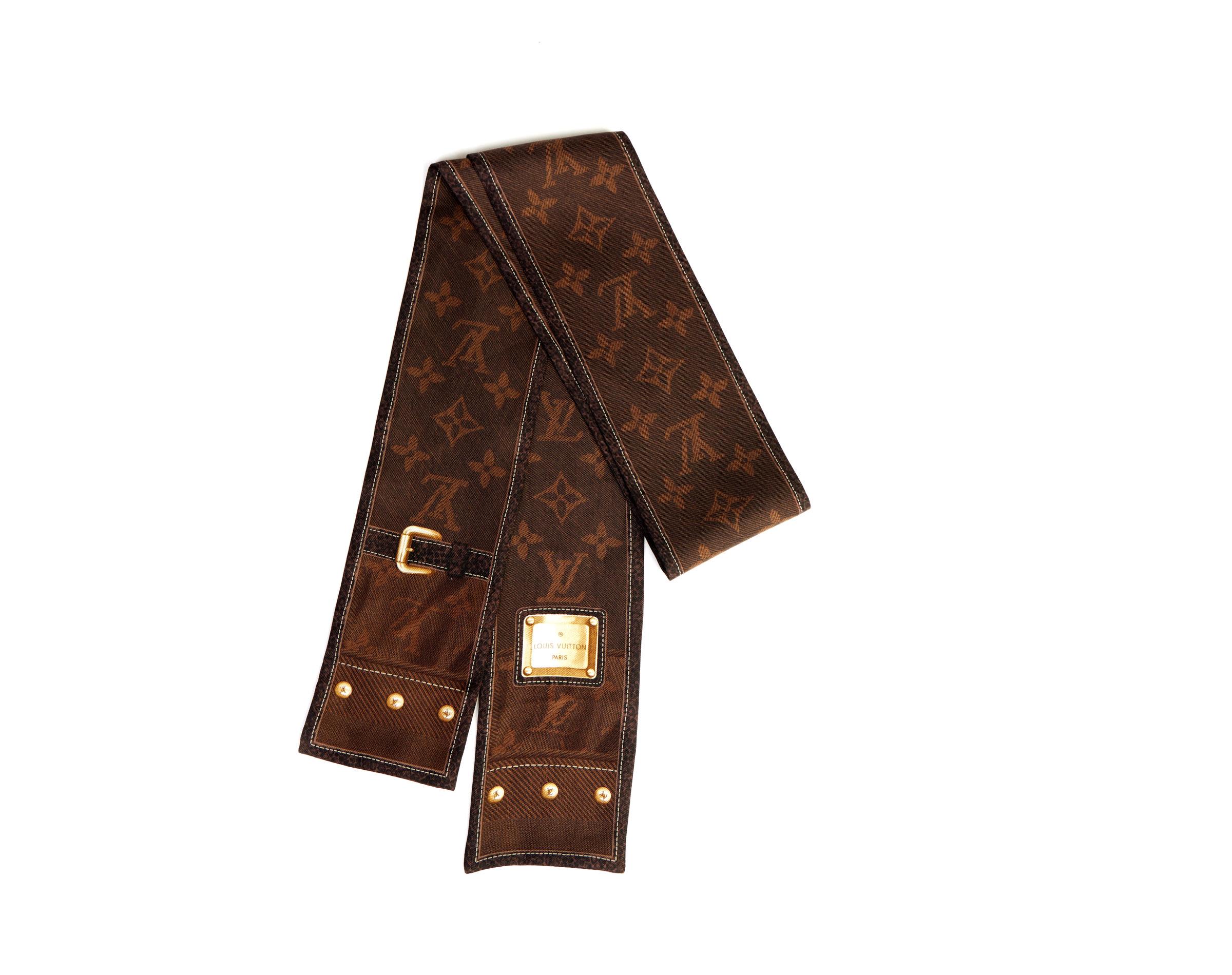 Louis Vuitton monogram brown silk twill scarf with original box.