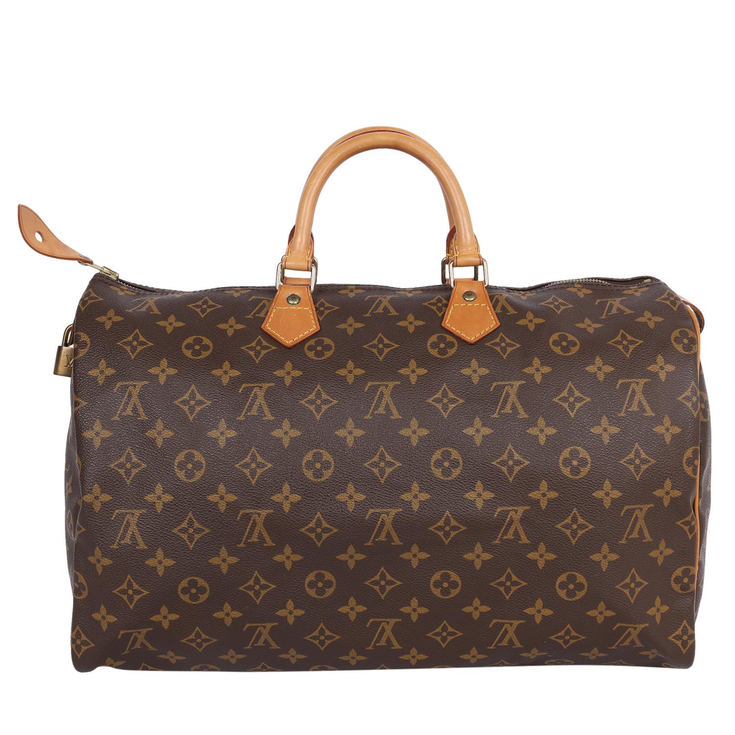 Authentic, pre-loved Louis Vuitton brown monogram Speedy 40 Satchel. The perfect day bag to travel bag. Add a strap and use this great bag as a shoulder or cross-body bag. Features monogram canvas, dual leather handles, zipper top closure, and brown