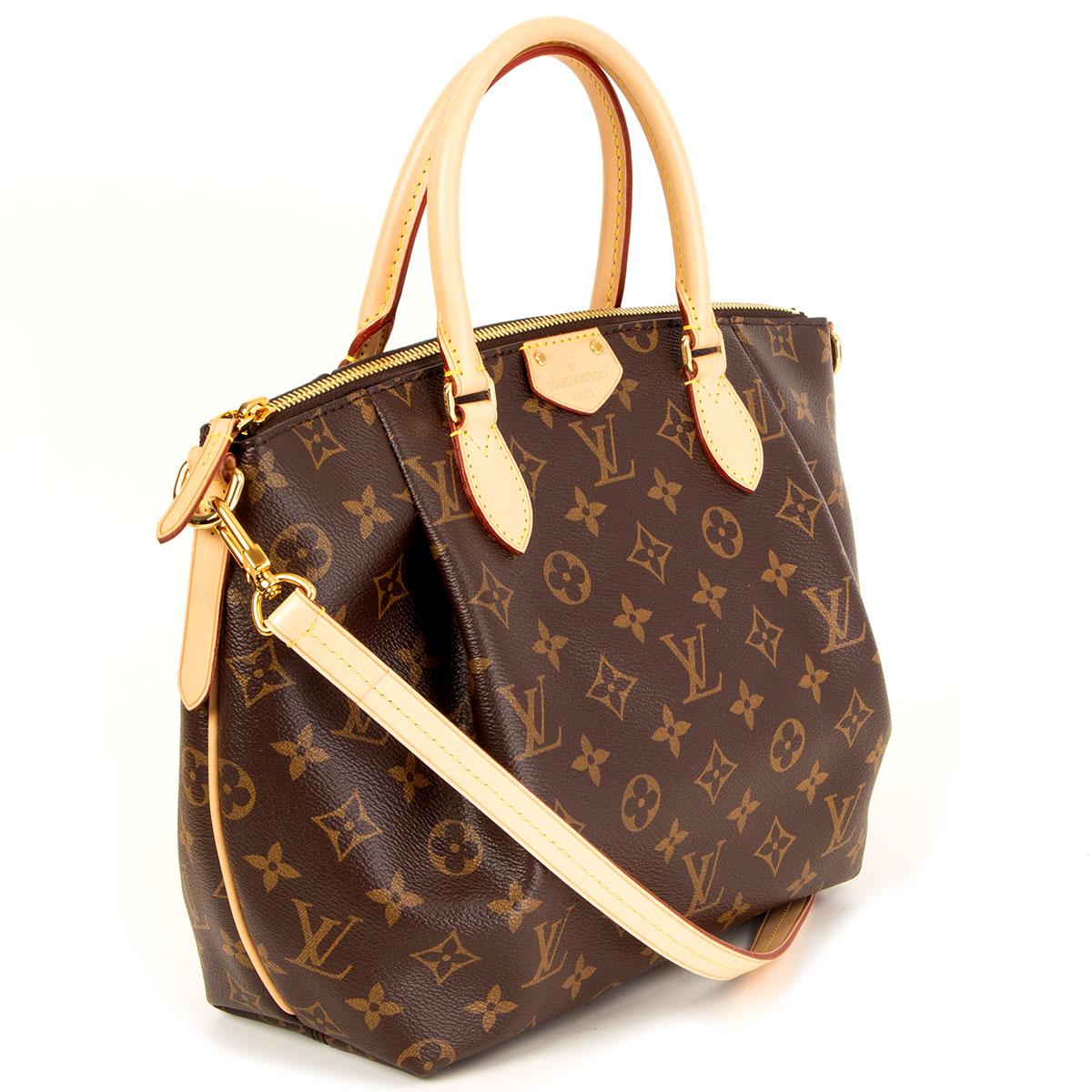 100% authentic Louis Vuitton Turenne PM shoulder bag in Ebene monogram canvas featuring structural front pleats and dual cowhide leather top handles as well as an adjustable and detachable shoulder strap. Opens with a zipper on top and is lined in