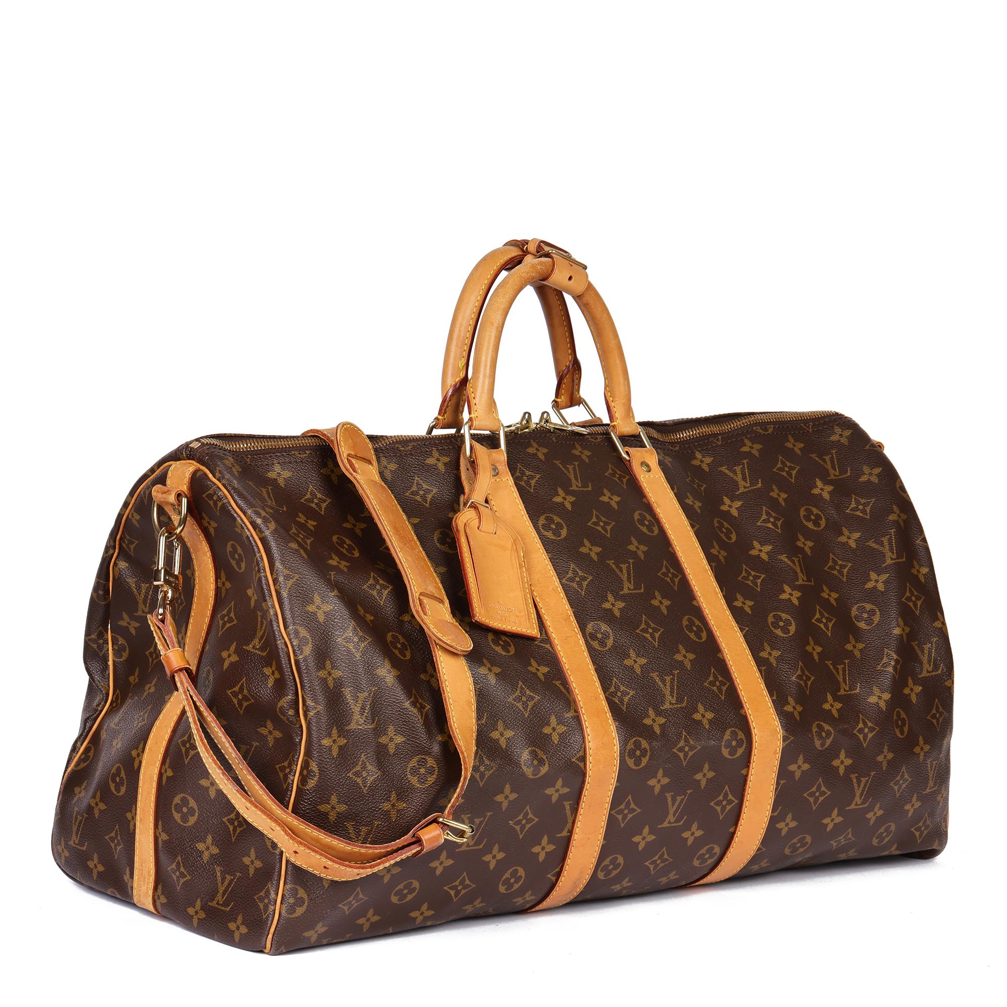 LOUIS VUITTON
Brown Monogram Coated Canvas and Vachetta Leather Vintage Keepall 55 Bandoulière 

Serial Number: SP1918
Age (Circa): 1998
Accompanied By: Luggage Tag, Shoulder Strap, Handle Keeper
Authenticity Details: Date Stamp (Made in