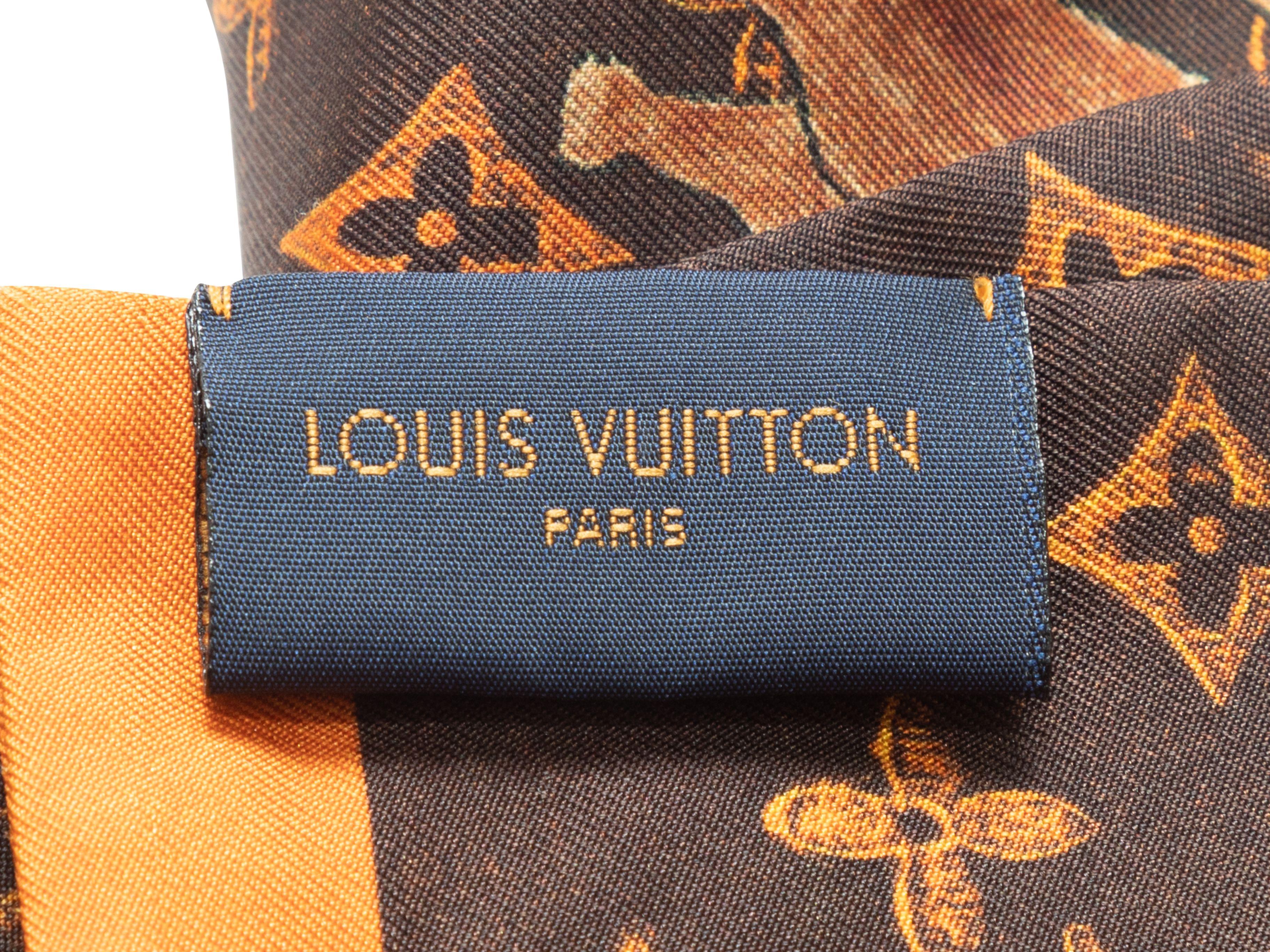 Product Details: Brown and multicolor Catogram silk bandeau scarf by Louis Vuitton. Logo and cat prints throughout. 3