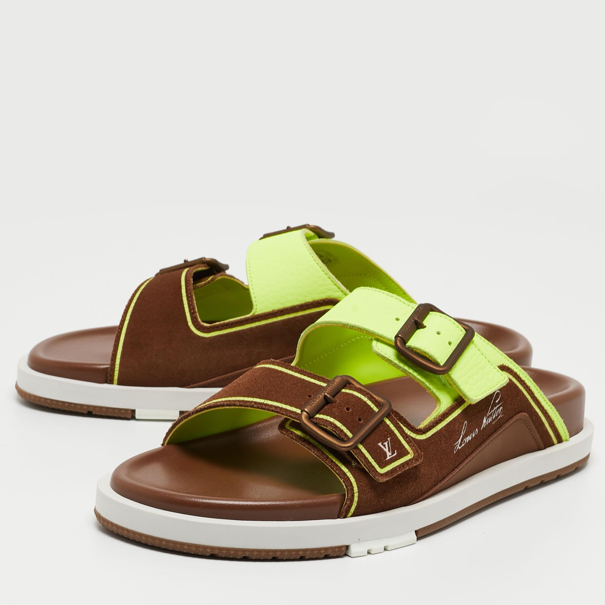 Louis Vuitton Brown/Neon Green Suede and Leather LV Trainer Mules Size 42 For Sale 1