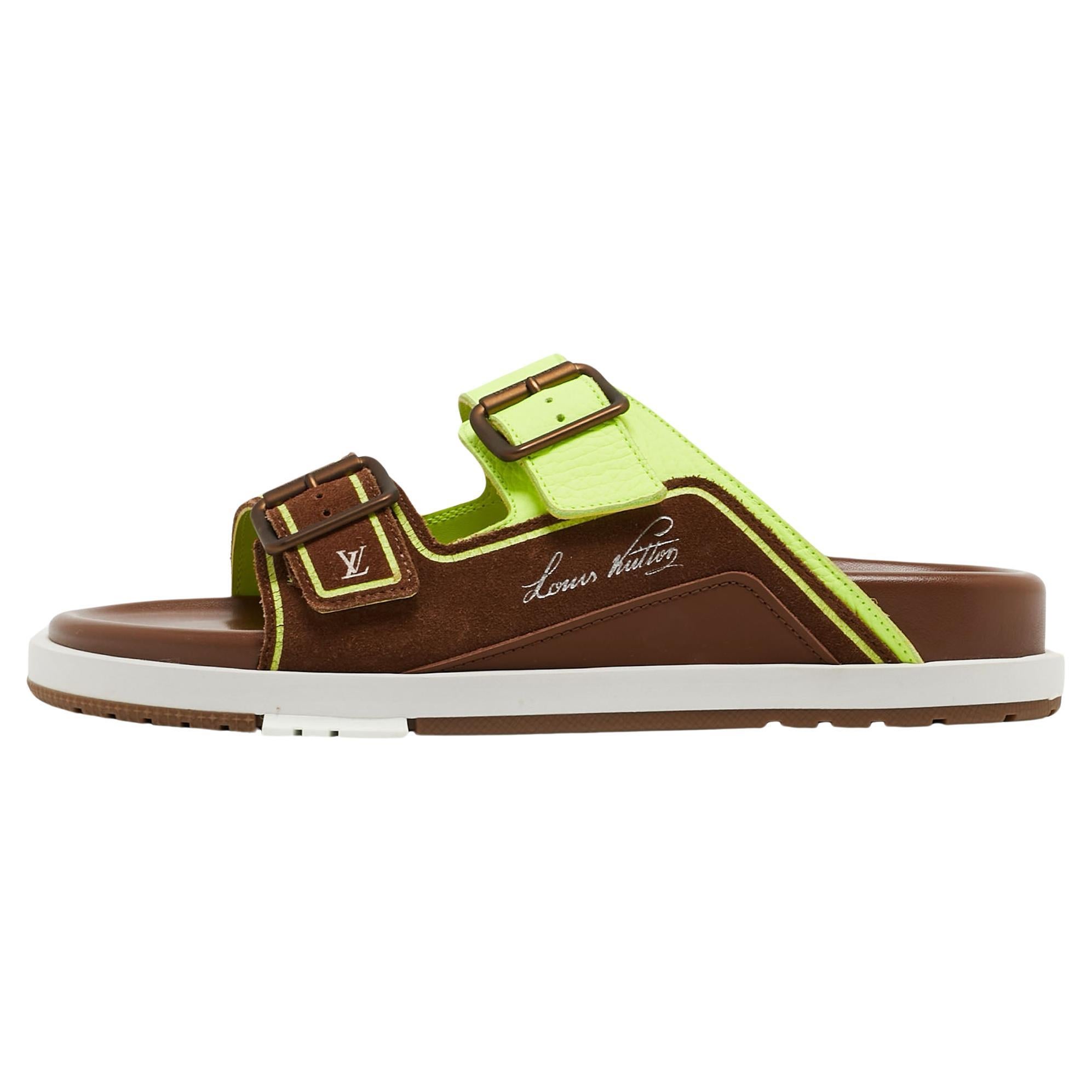 Louis Vuitton Brown/Neon Green Suede and Leather LV Trainer Mules Size 42