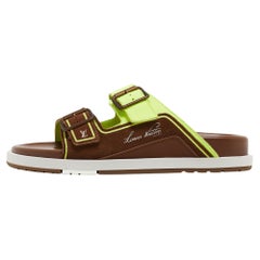 Used Louis Vuitton Brown/Neon Green Suede and Leather LV Trainer Mules Size 42