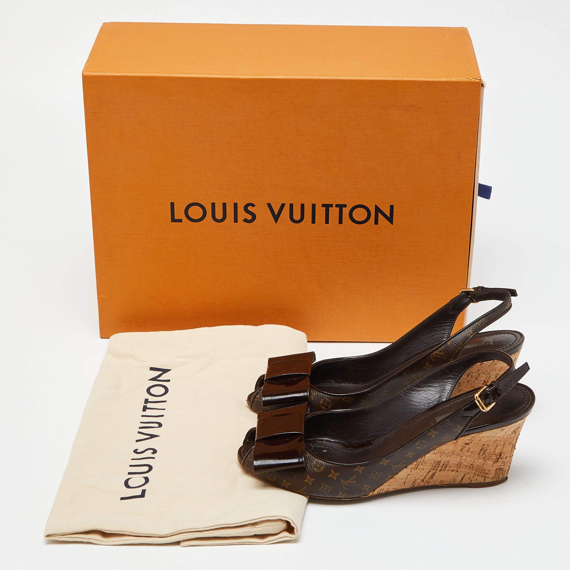 Louis Vuitton Brown Patent and Canvas Rivoli Slingback Wedge Pumps Size 38.5 4