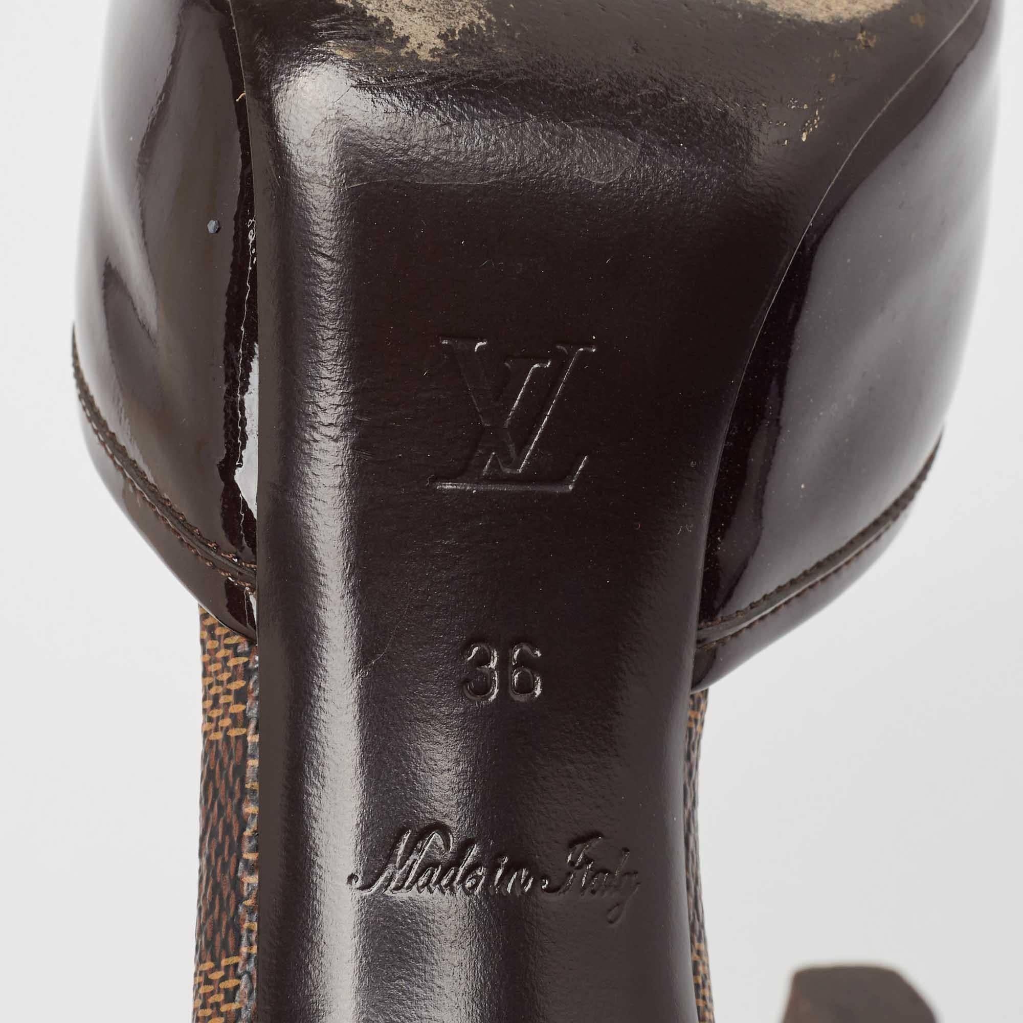 Louis Vuitton Brown Patent Leather and Damier Ebene Bow Slide Sandals Size 36 For Sale 3