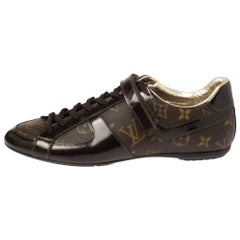 Louis Vuitton Brown Patent Leather And Monogram Canvas Lace Up Sneakers Size 39