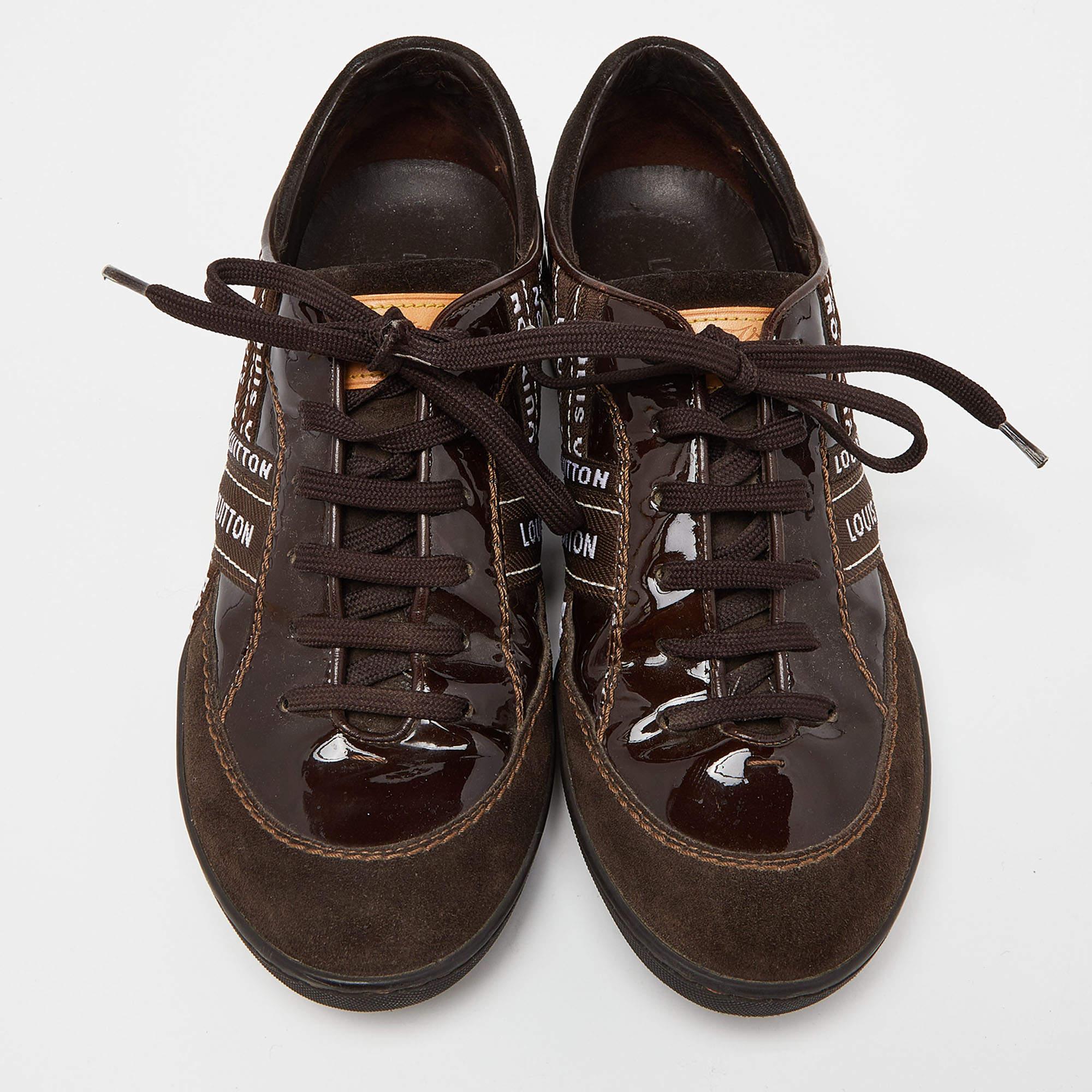 Black Louis Vuitton Brown Patent Leather and Suede Low Top Sneakers Size 37