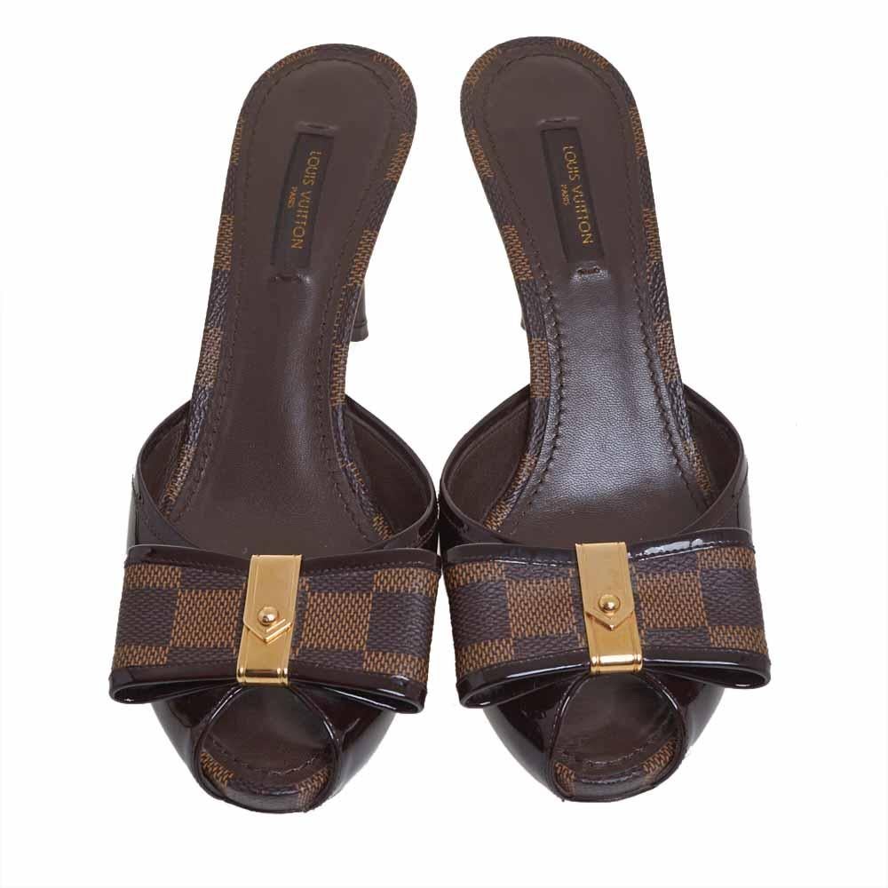 Black Louis Vuitton Brown Patent Leather Canvas Peep Toe Platform Sandals Size 38