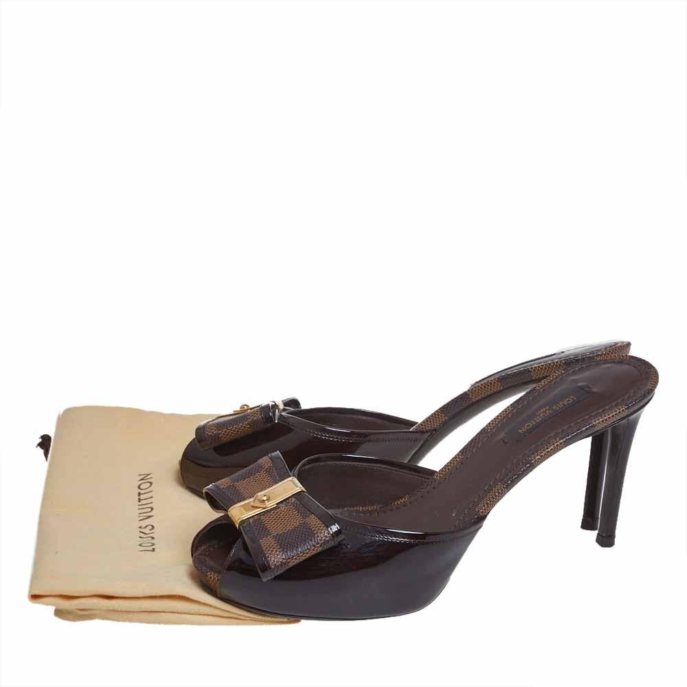 Louis Vuitton Brown Patent Leather Canvas Peep Toe Platform Sandals Size 38 3