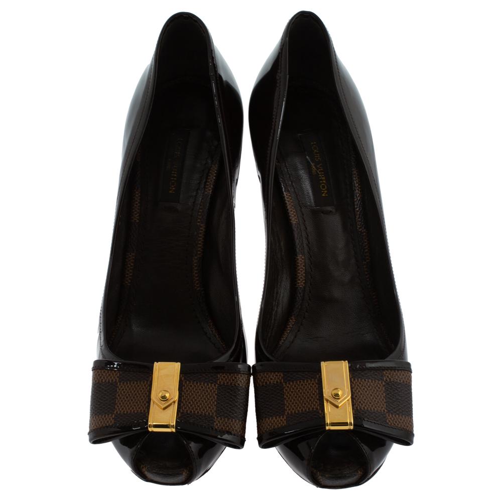 Black Louis Vuitton Brown Patent Leather with Damier Ebene Peep Toe Pumps Size 38