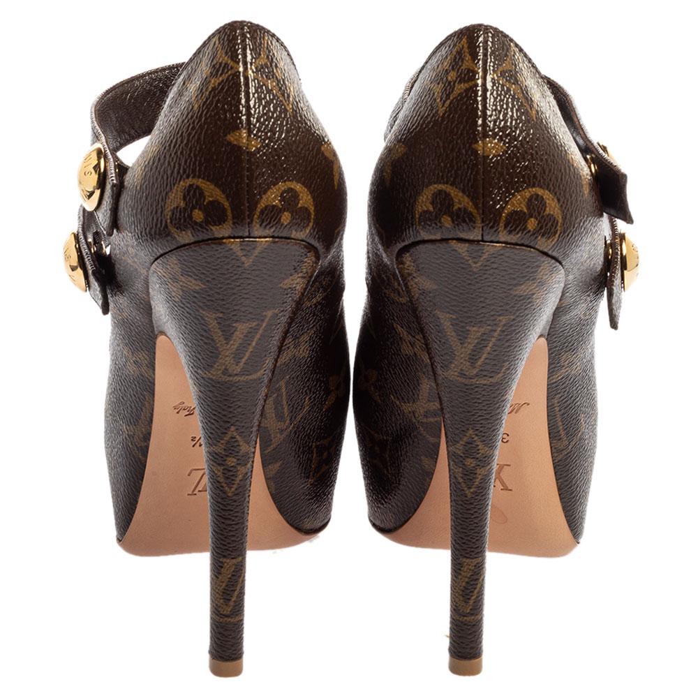 Bombas de plataforma con puntera abierta Louis Vuitton Brown Patent Monogram Canvas Ritual Fetish Negro