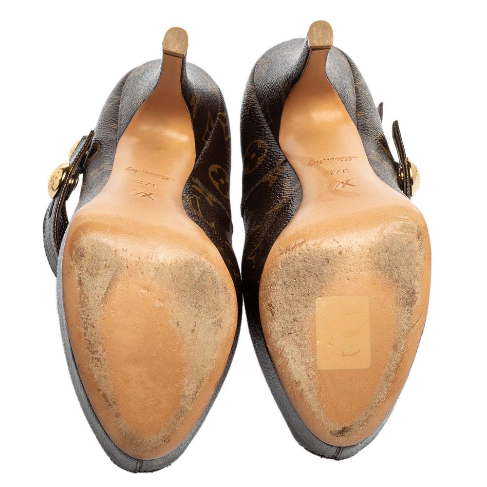 Bombas de plataforma con puntera abierta Louis Vuitton Brown Patent Monogram Canvas Ritual Fetish en Bueno Estado en Dubai, Al Qouz 2