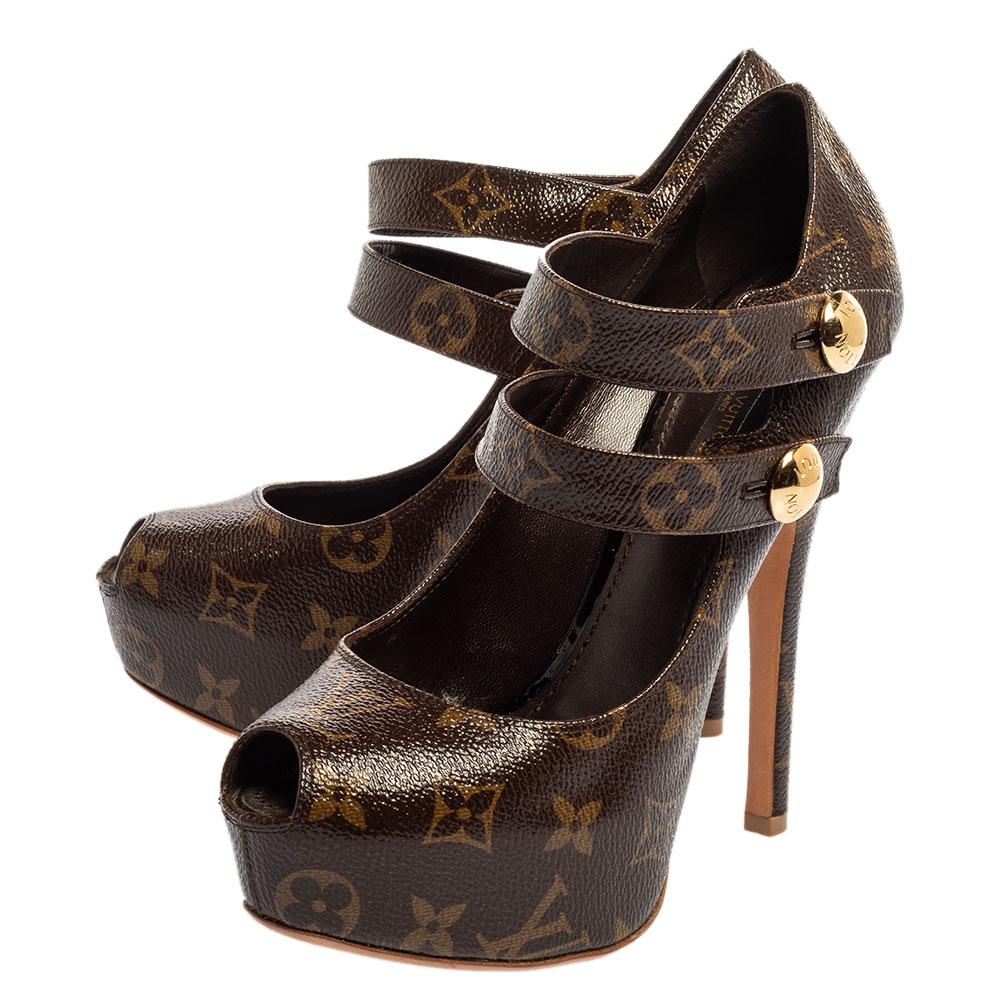De las mujeres Bombas de plataforma con puntera abierta Louis Vuitton Brown Patent Monogram Canvas Ritual Fetish