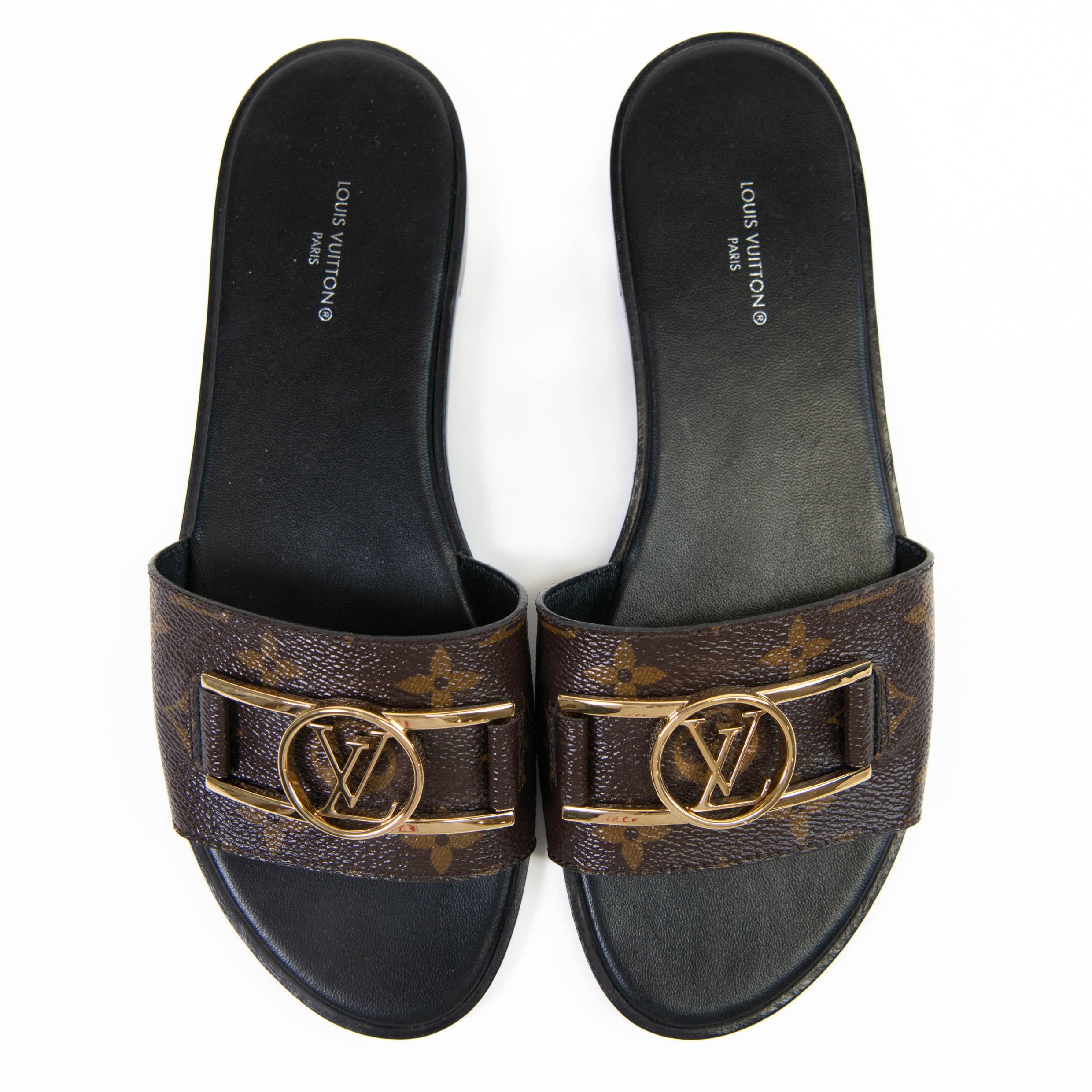 Women's or Men's Louis Vuitton Brown Patent Monogram Lock It Flat Mules Size 38