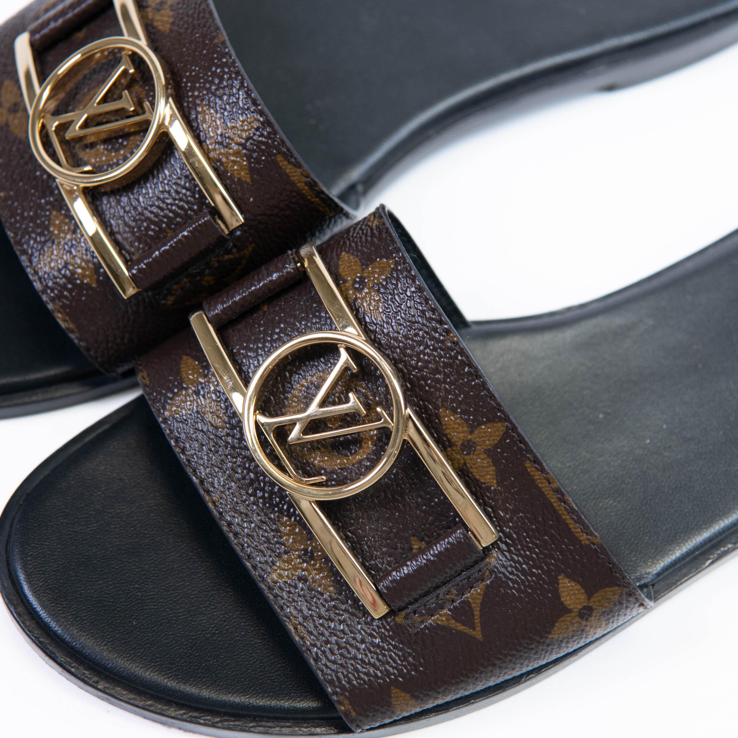 Louis Vuitton Brown Patent Monogram Lock It Flat Mules Size 38 2