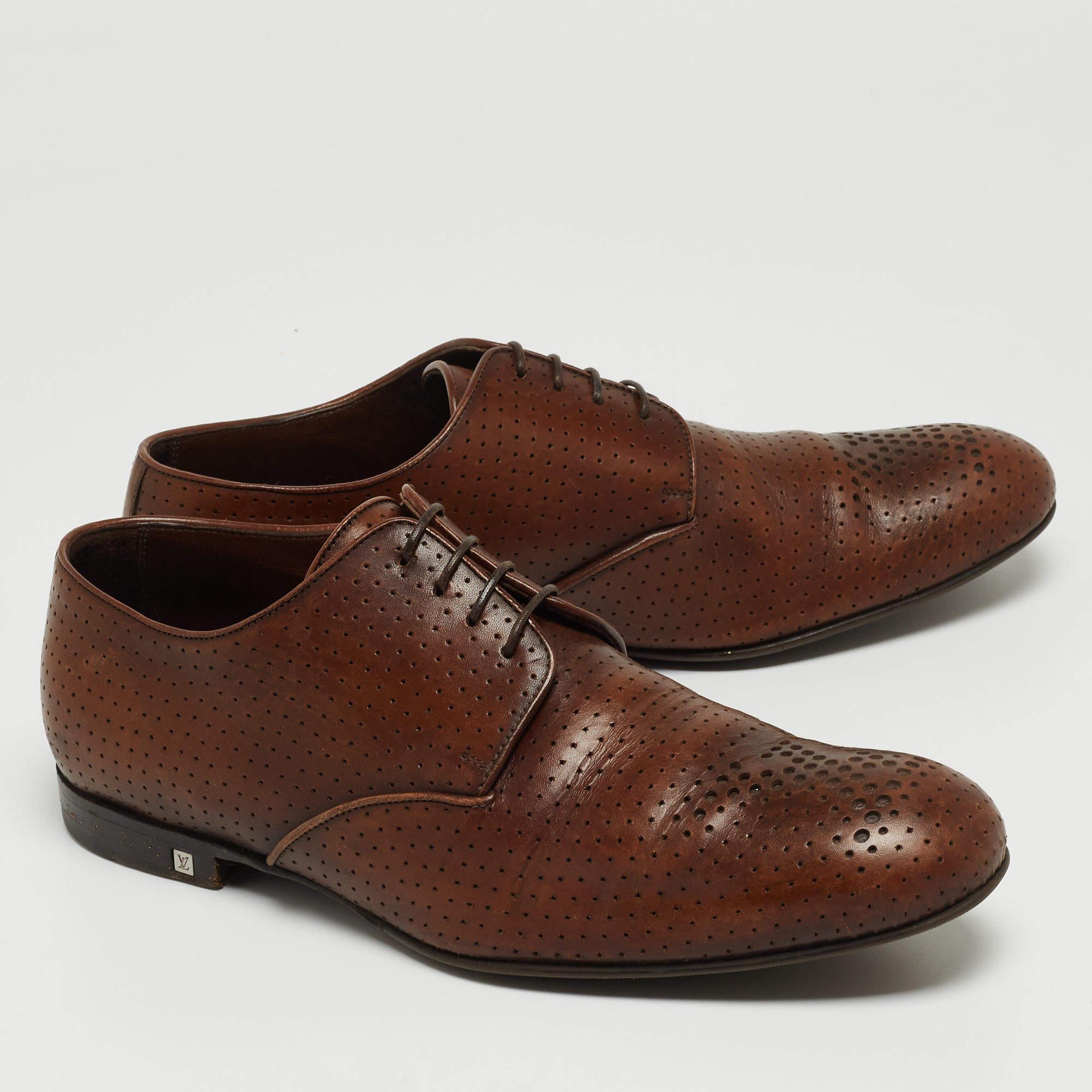 Louis Vuitton Brown Perforated Leather Lace Up Derby Size 40 For Sale 1