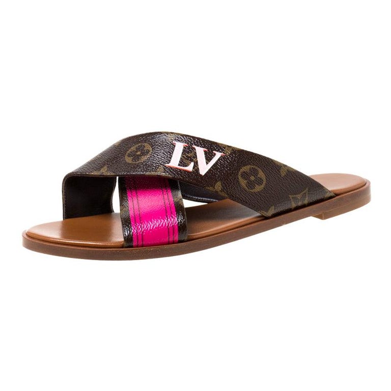 Louis Vuitton Brown/Pink Monogram Canvas Panorama Slide Mule Sandals Size  37 For Sale at 1stDibs