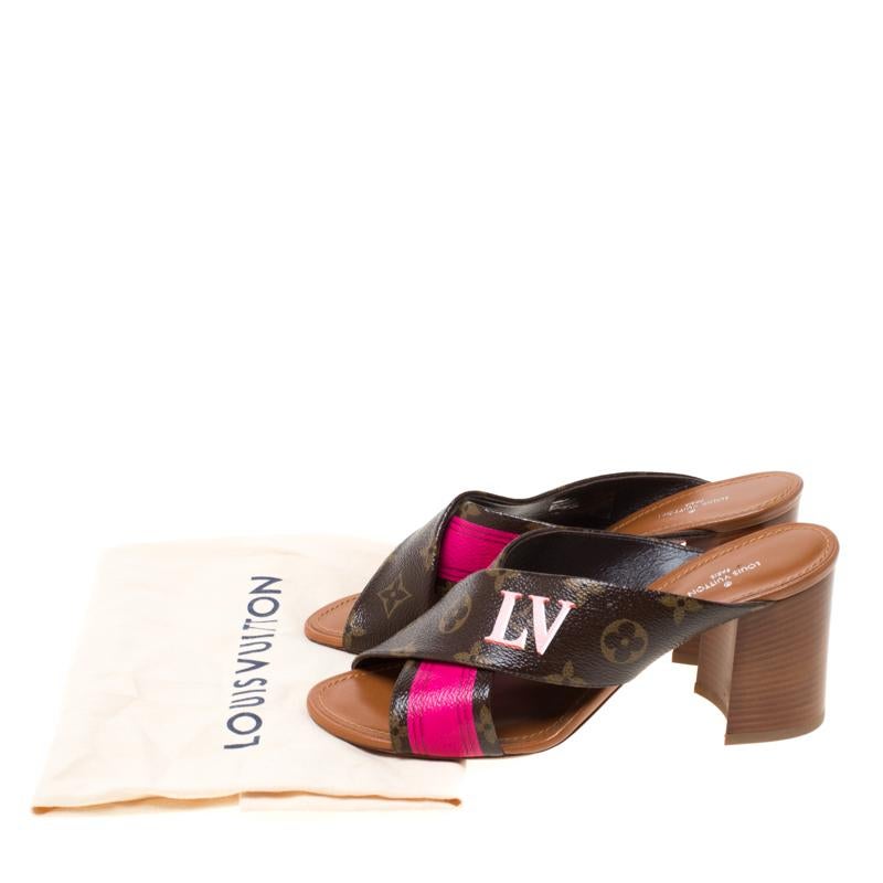 Women's Louis Vuitton Brown/Pink Monogram Canvas Panorama Slide Mule Sandals Size 37 For Sale