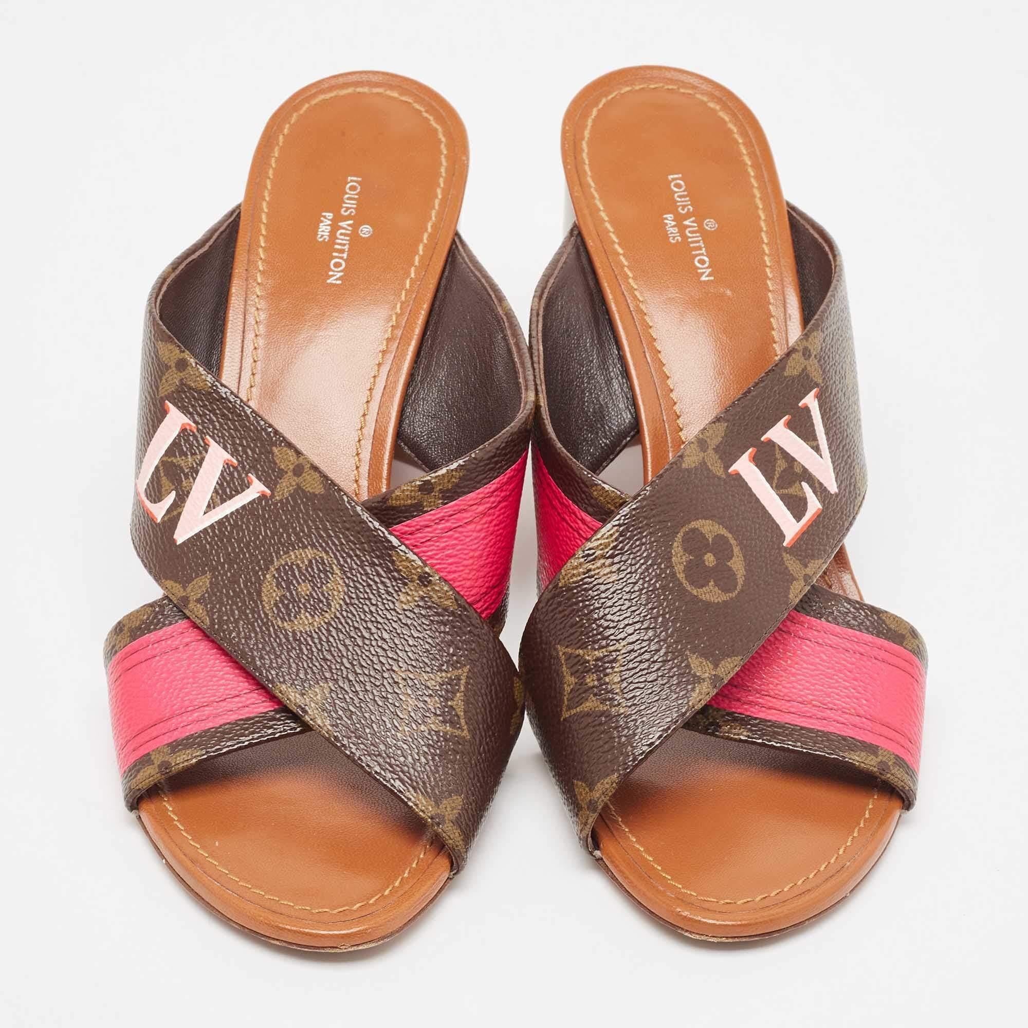 Women's Louis Vuitton Brown/Pink Monogram Canvas Slide Sandals Size 39