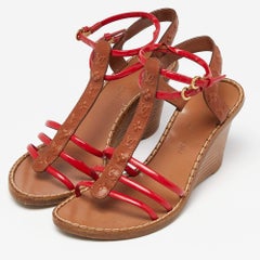 Louis Vuitton Brown/Red Monogram Embossed Leather and Patent T-Strap Wedge Sanda