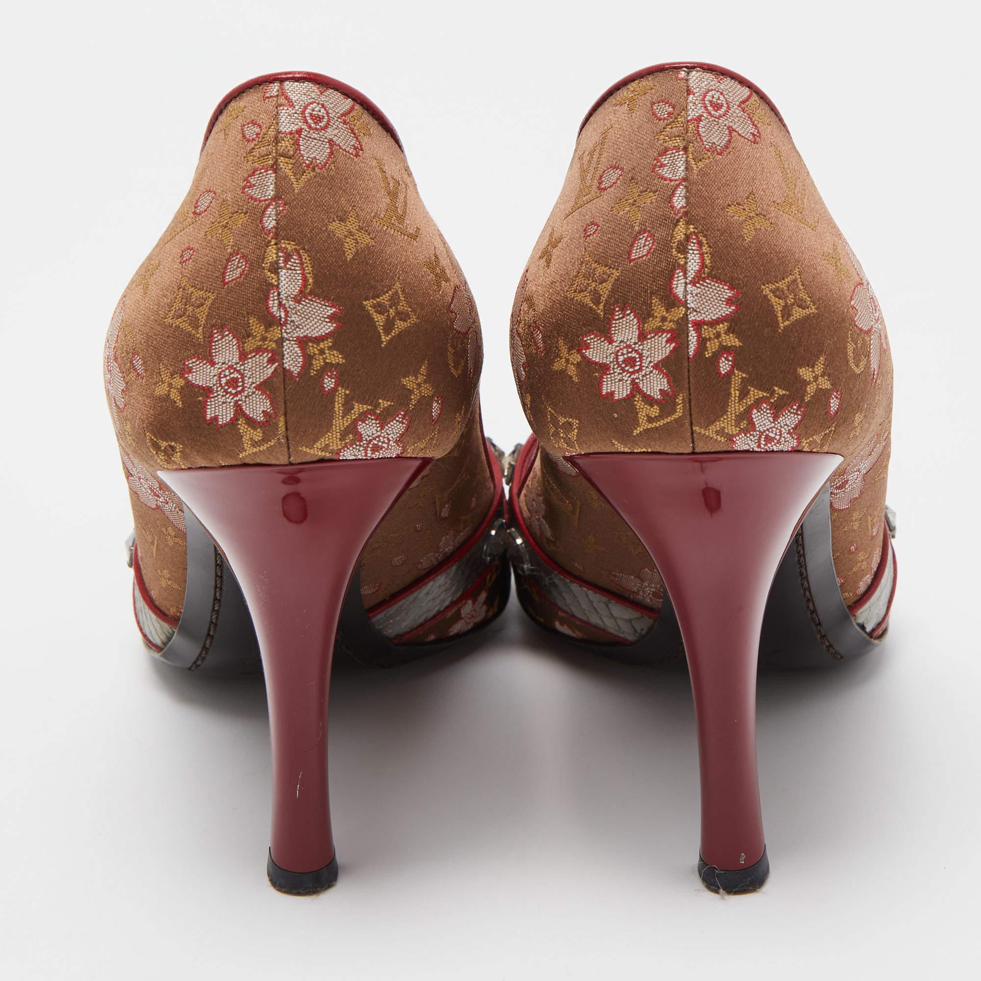 Louis Vuitton Brown/Red Monogram Satin and Leather Bow Peep Toe Pumps Size 39 3